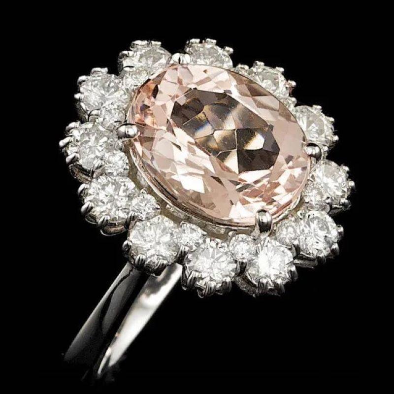 Mixed Cut 4.70 Carats Natural Morganite and Diamond 14K Solid White Gold Ring For Sale