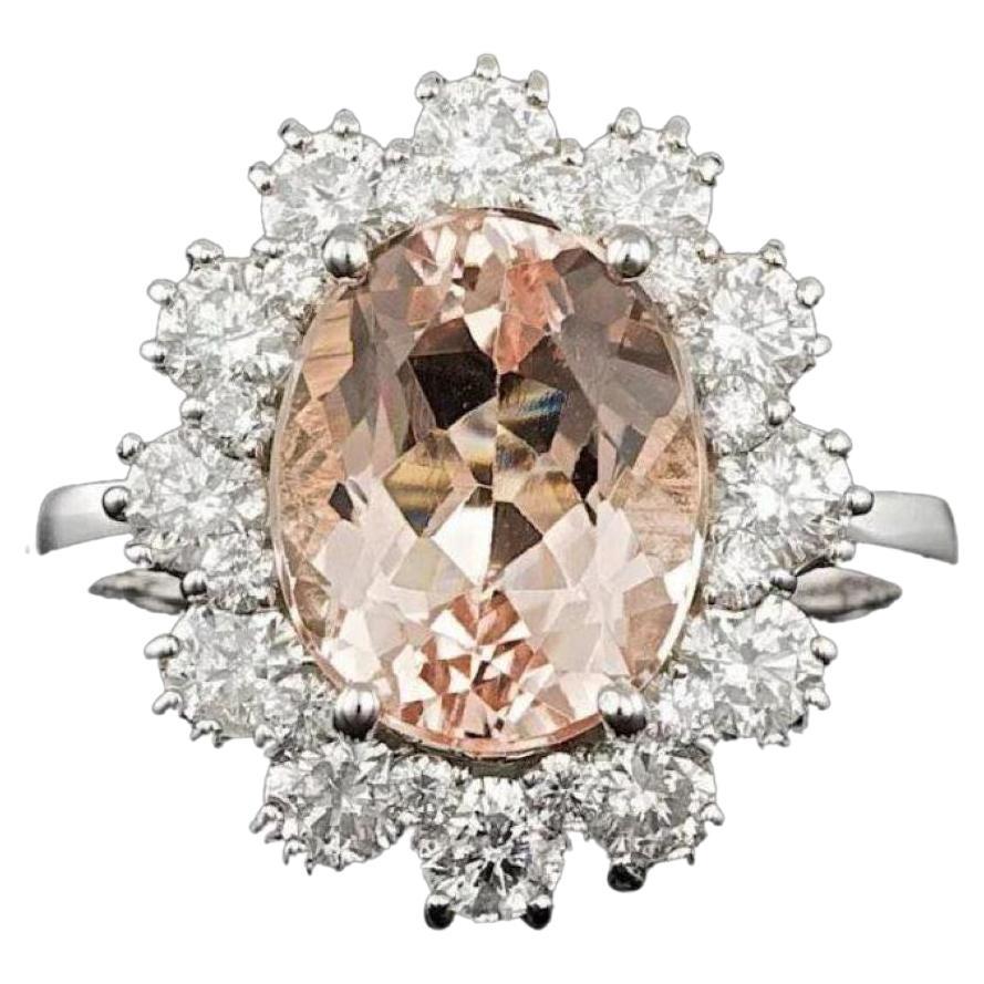 4.70 Carats Natural Morganite and Diamond 14K Solid White Gold Ring