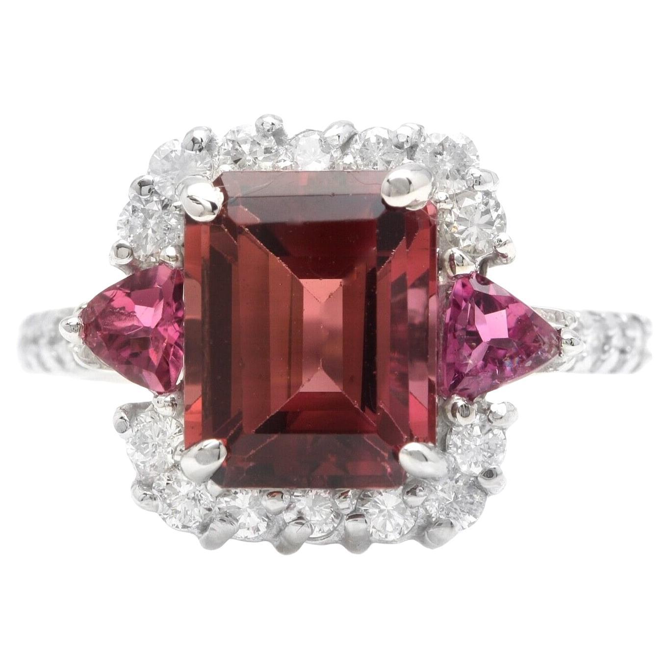 4.70 Carats Natural Tourmaline and Diamond 14K Solid White Gold Ring For Sale