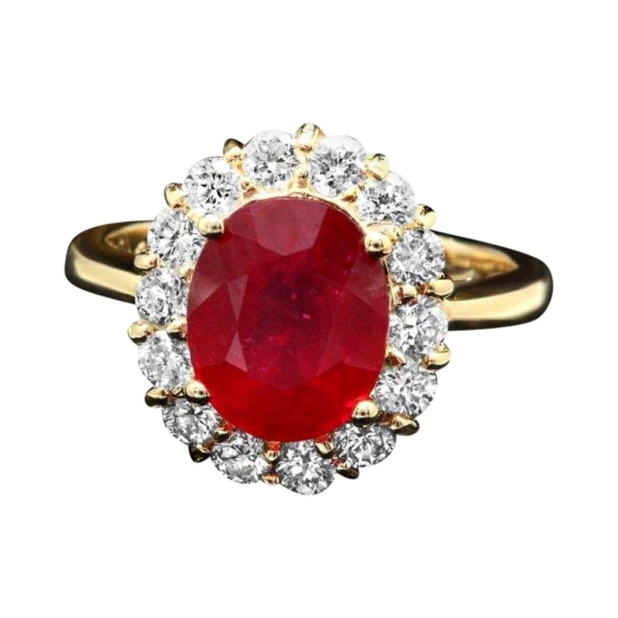 14 Karat massiver Gelbgoldring mit 4,70 Karat rotem Rubin und natürlichem Diamant