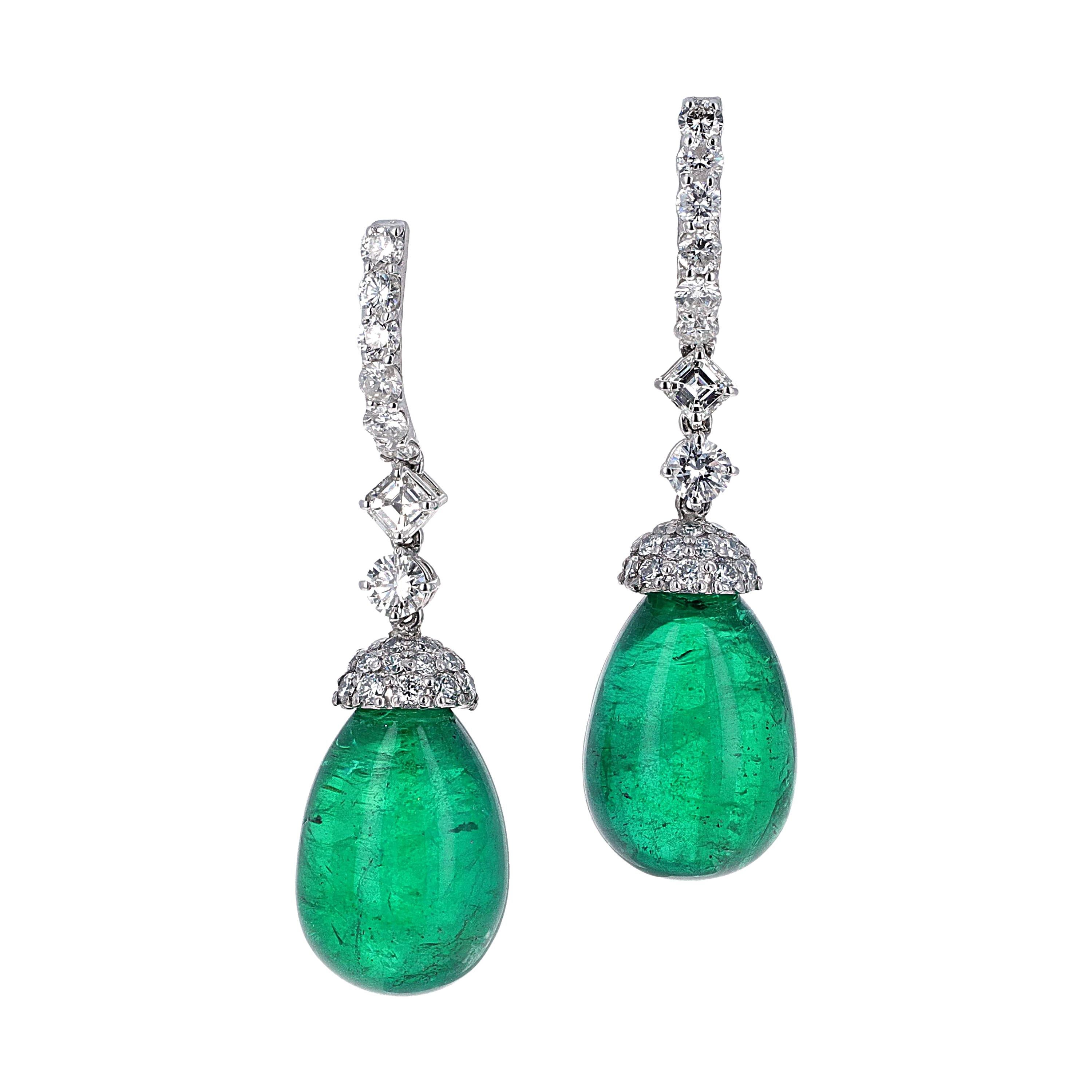 Emerald Drop Diamond Dangle Earrings in 18K White Gold