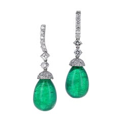 cabochon emerald earrings Emerald Drop Diamond Dangle Earrings in 18K White Gold