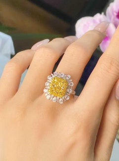 4.70ct Fancy Yellow White Diamond Halo Cocktail Ring