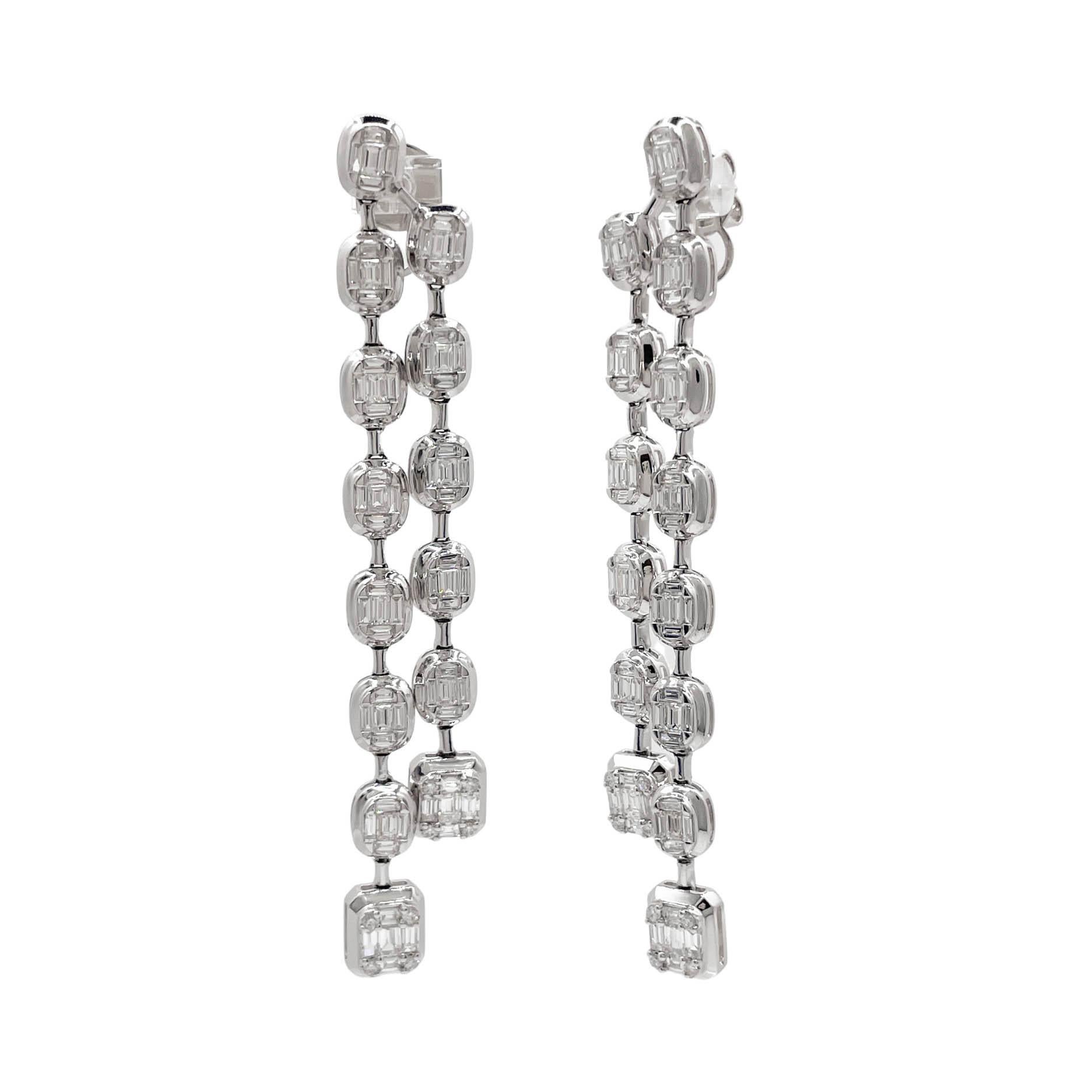Mixed Cut 4.70ct Jay Feder 18k White Gold Illusion Set Diamond 2 Row Drop Dangle Earrings For Sale