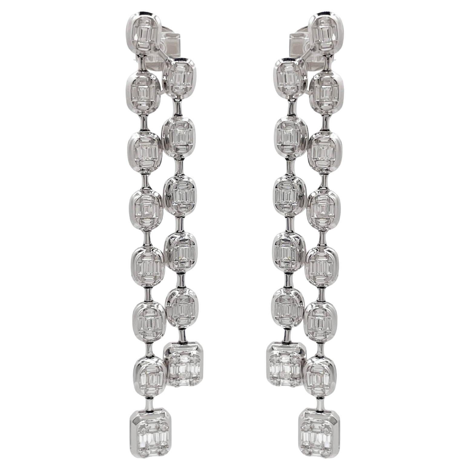 4.70ct Jay Feder 18k White Gold Illusion Set Diamond 2 Row Drop Dangle Earrings For Sale