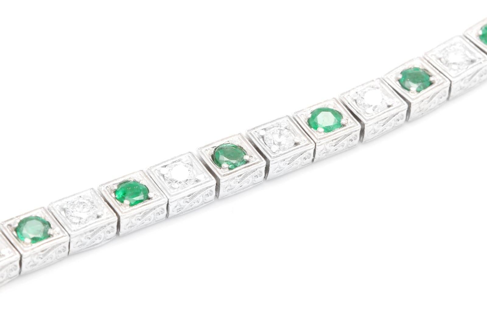 4.70ct Natural Emerald and Diamond 14k Solid White Gold Bracelet In New Condition For Sale In Los Angeles, CA