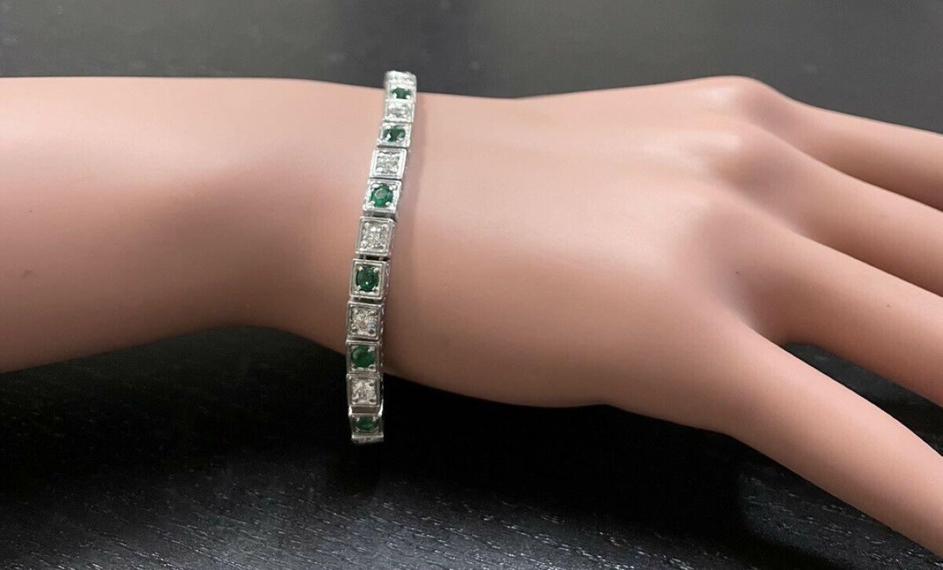 4.70ct Natural Emerald and Diamond 14k Solid White Gold Bracelet For Sale 1