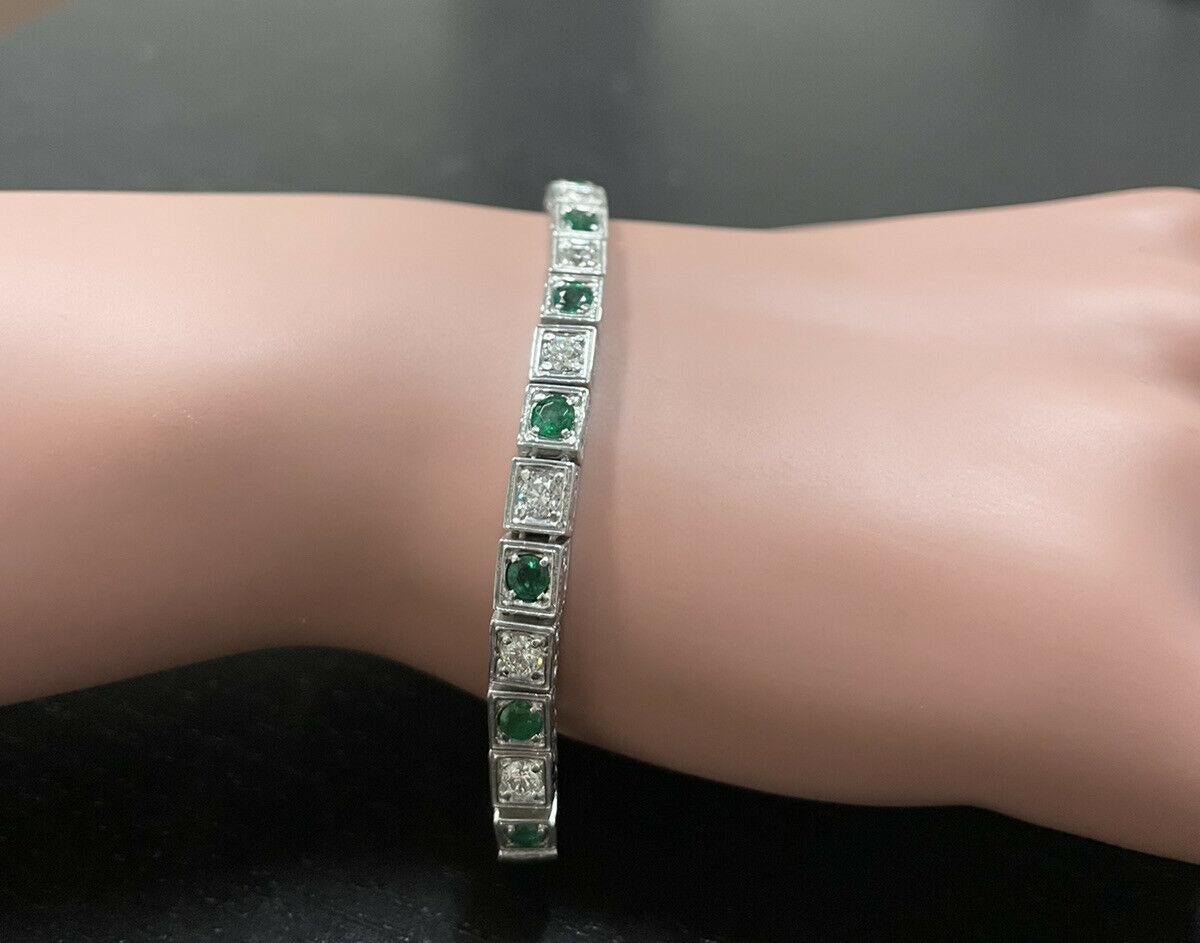 4.70ct Natural Emerald and Diamond 14k Solid White Gold Bracelet For Sale 3