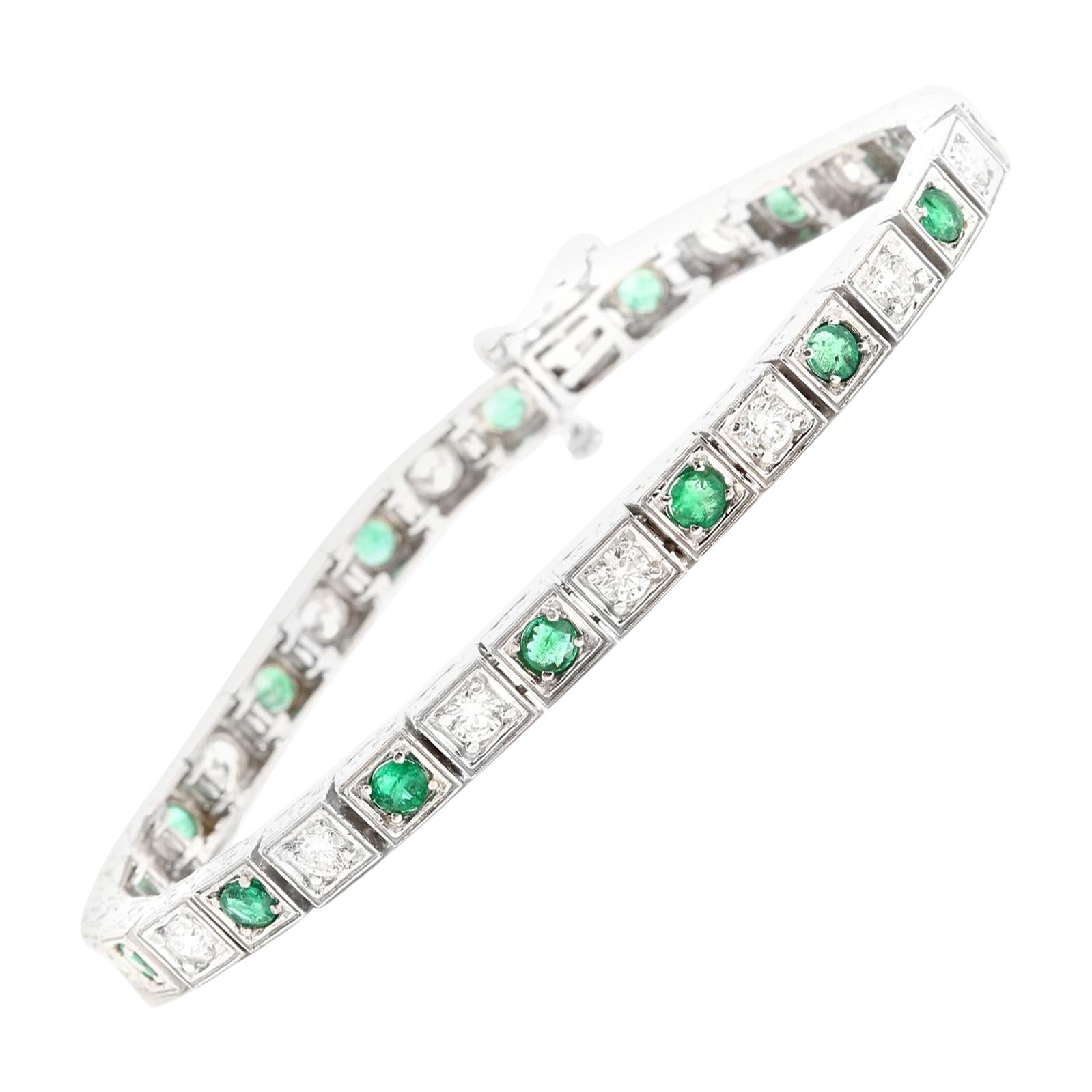 4.70ct Natural Emerald and Diamond 14k Solid White Gold Bracelet For Sale