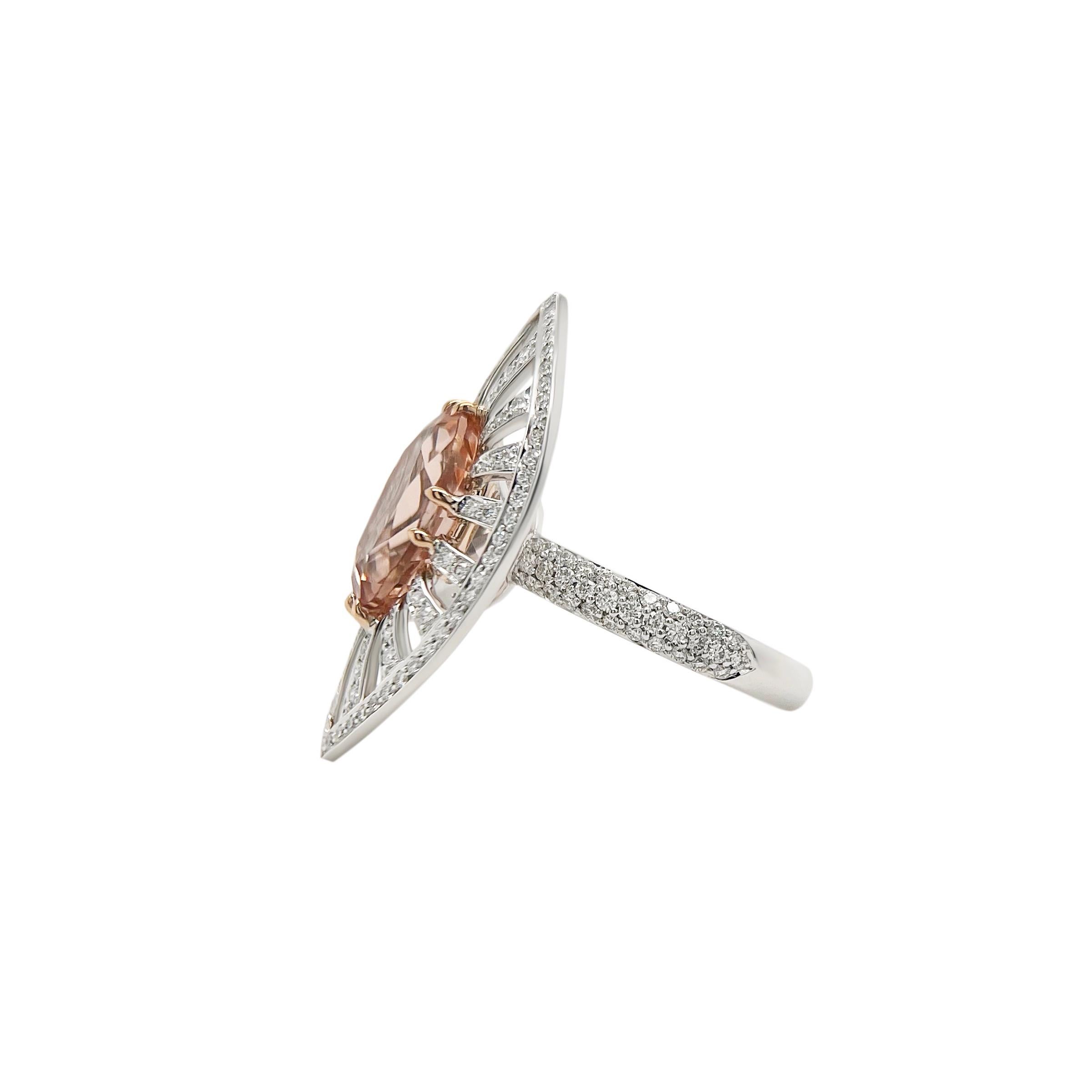 Modern 4.70cts Natural Peach Morganite and Diamond Ring in 18k White Gold For Sale