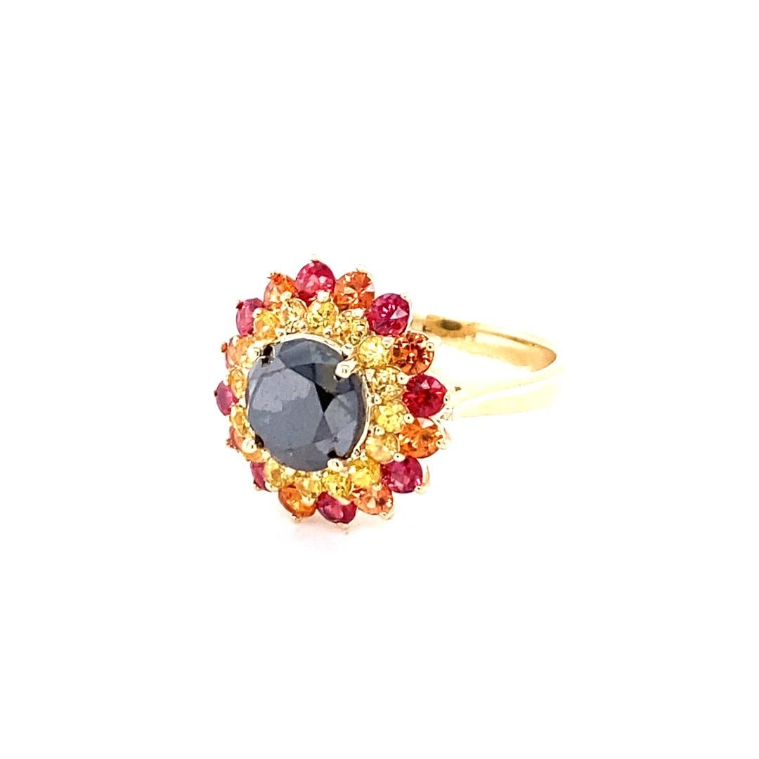 Contemporary Black Diamond Sapphire Yellow Gold Cocktail Ring For Sale