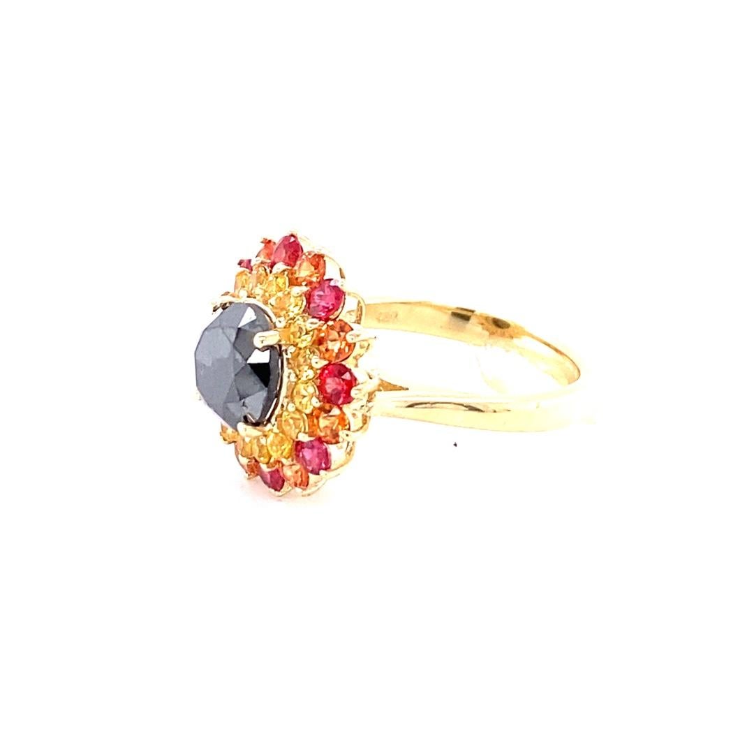 Round Cut Black Diamond Sapphire Yellow Gold Cocktail Ring For Sale
