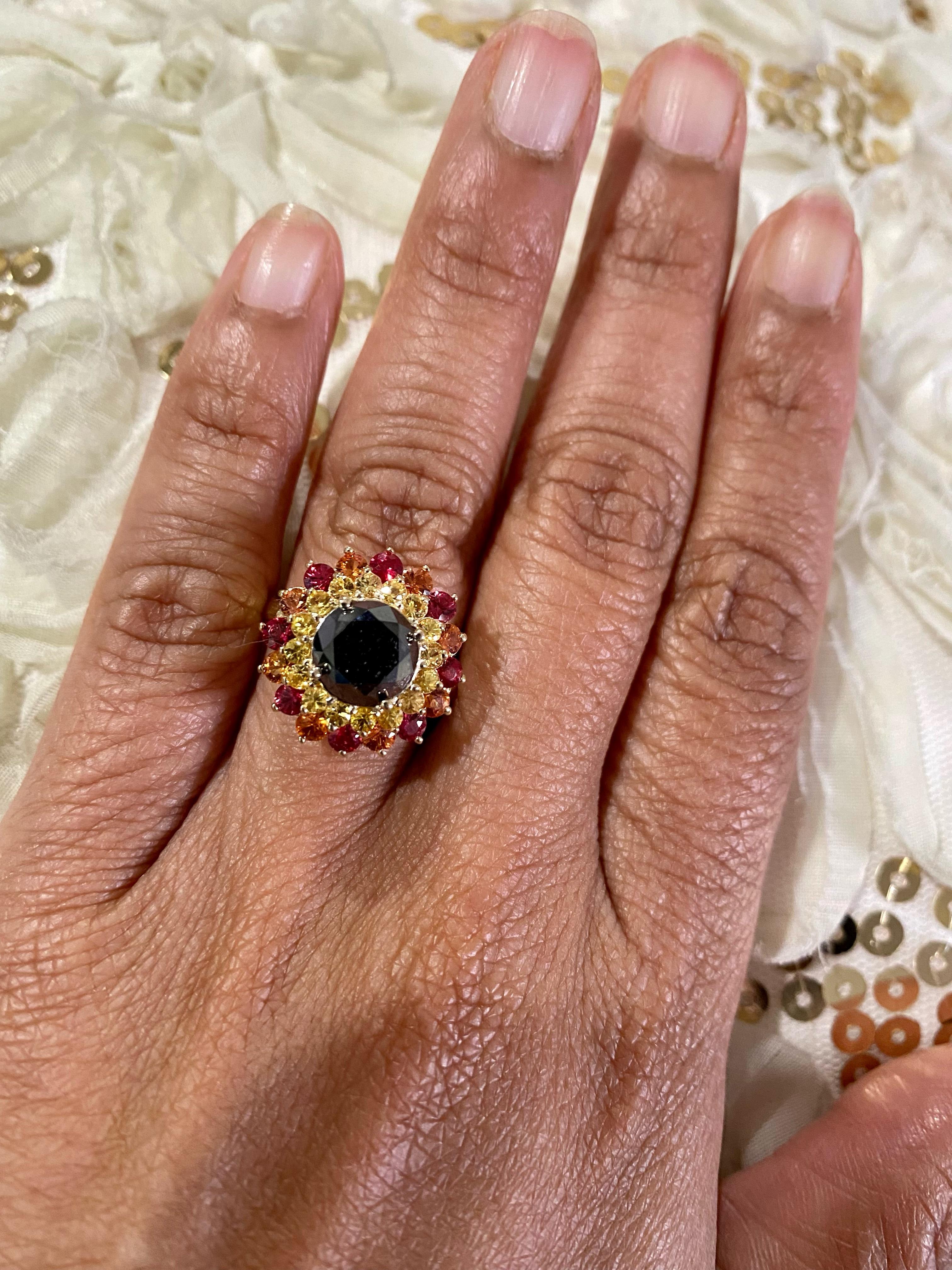 Women's Black Diamond Sapphire Yellow Gold Cocktail Ring For Sale