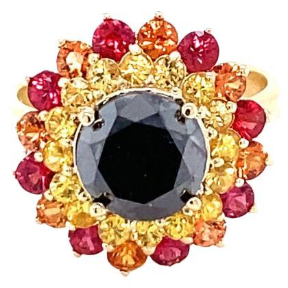 Black Diamond Sapphire Yellow Gold Cocktail Ring For Sale