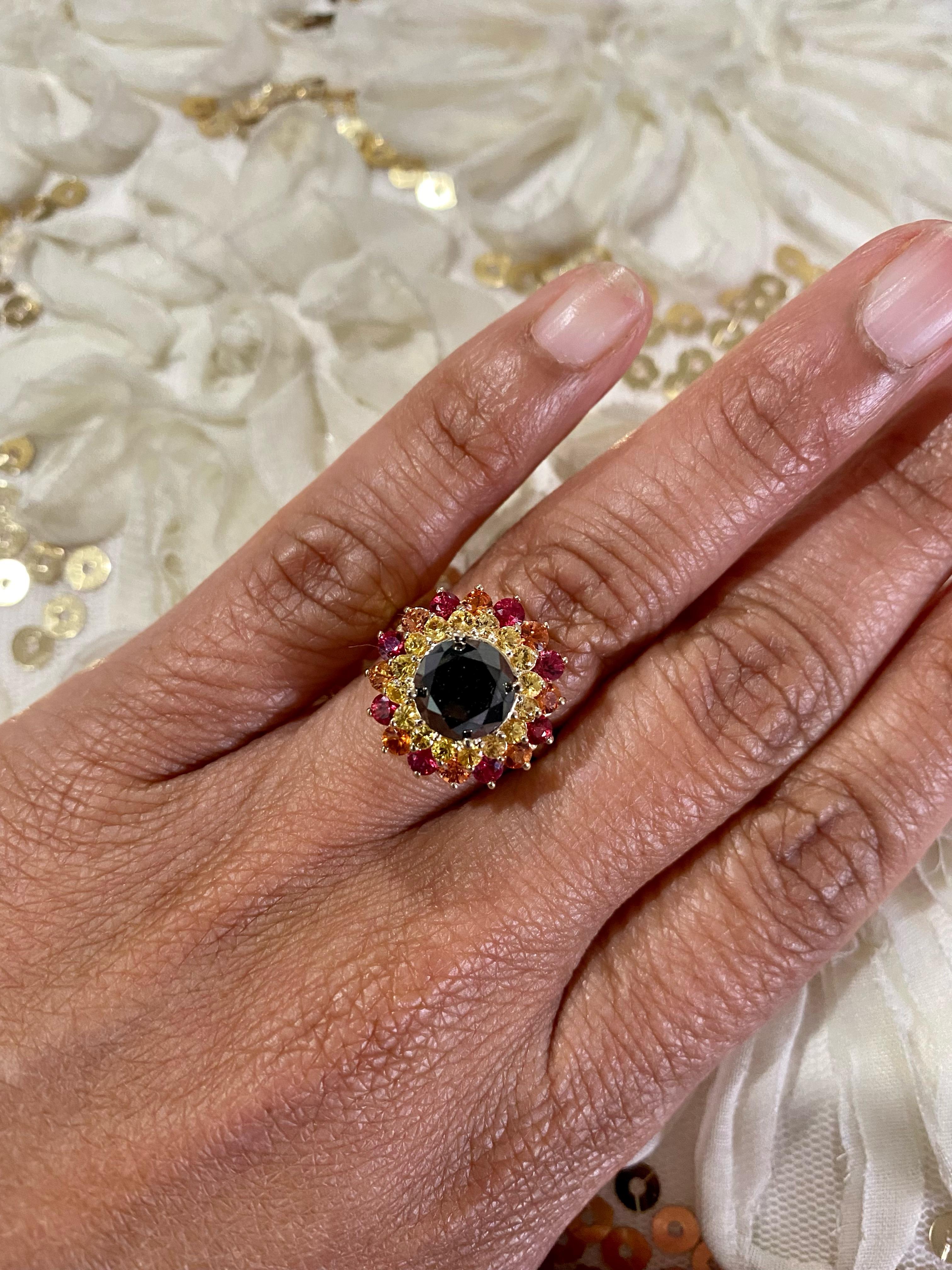 4.71 Carat Black Diamond Sapphire Yellow Gold Cocktail Ring In New Condition For Sale In Los Angeles, CA