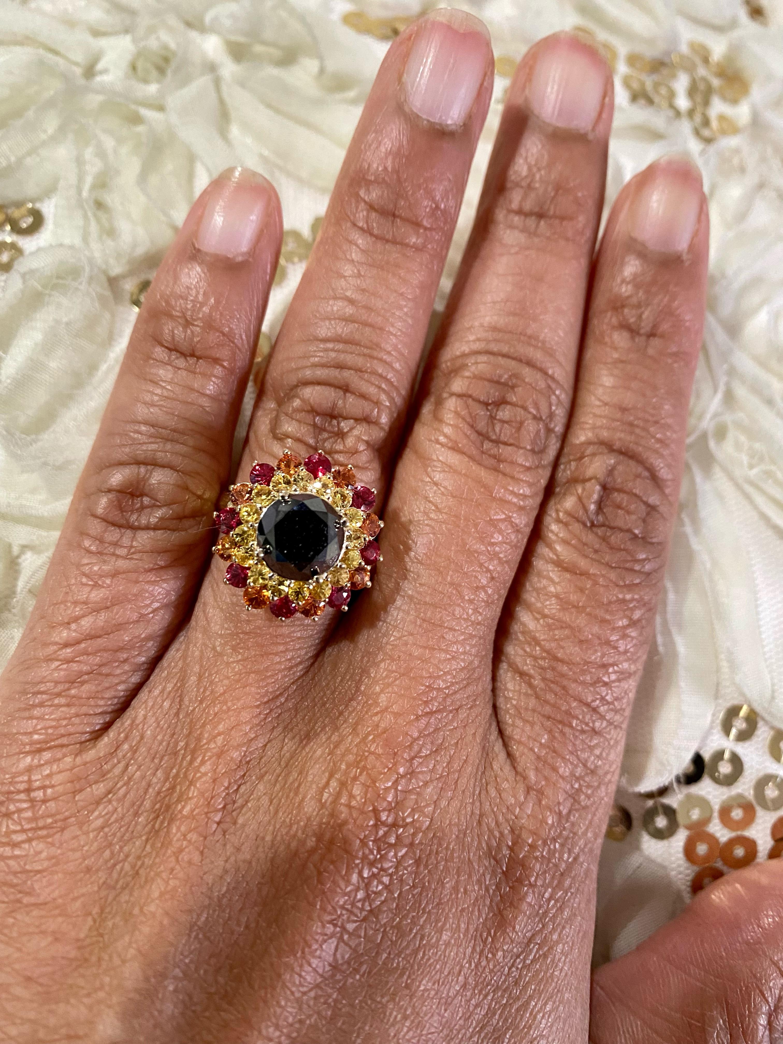 Women's 4.71 Carat Black Diamond Sapphire Yellow Gold Cocktail Ring For Sale