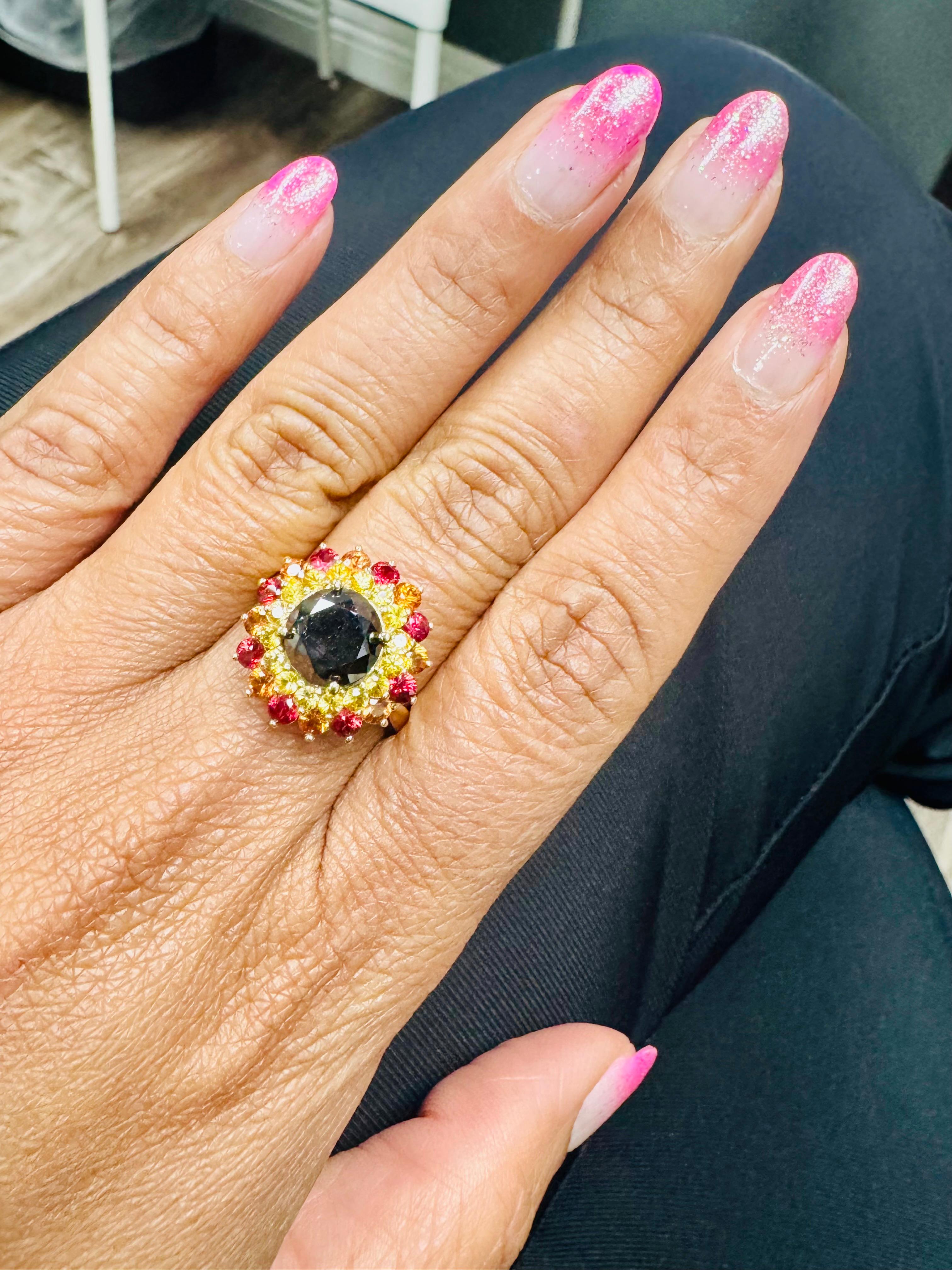 4.71 Carat Black Diamond Sapphire Yellow Gold Cocktail Ring For Sale 1