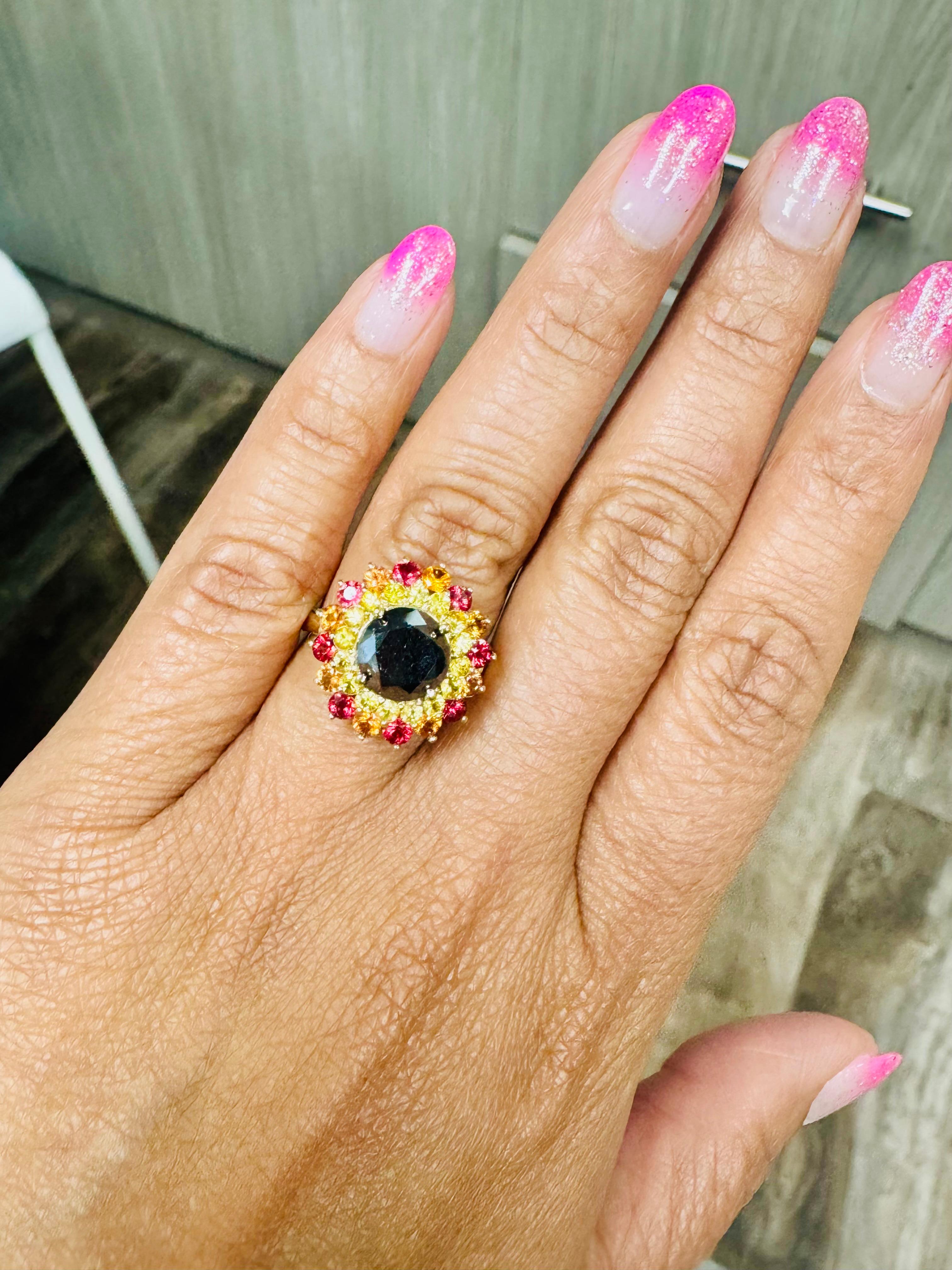 4.71 Carat Black Diamond Sapphire Yellow Gold Cocktail Ring For Sale 3