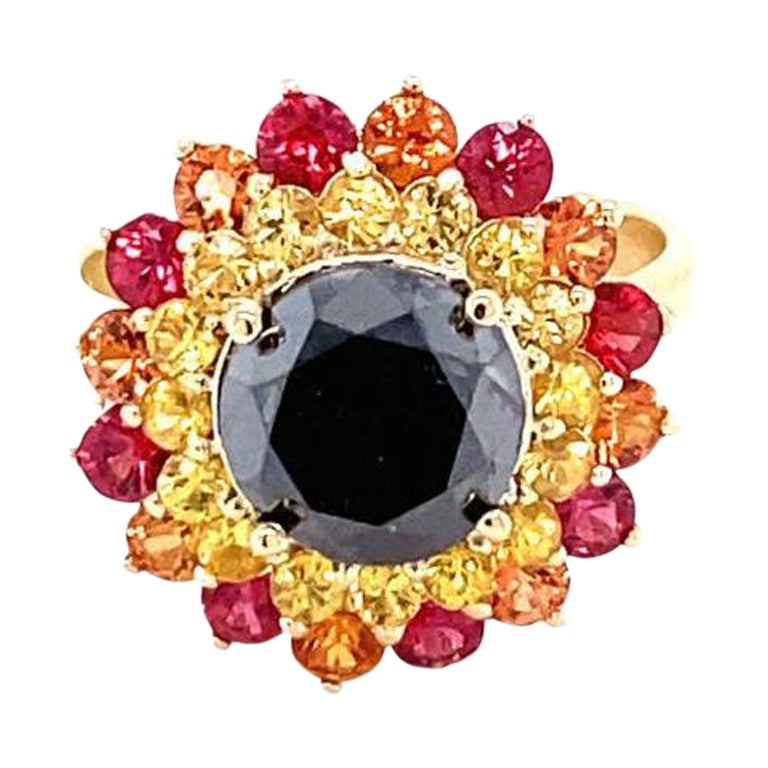 4.71 Carat Black Diamond Sapphire Yellow Gold Cocktail Ring