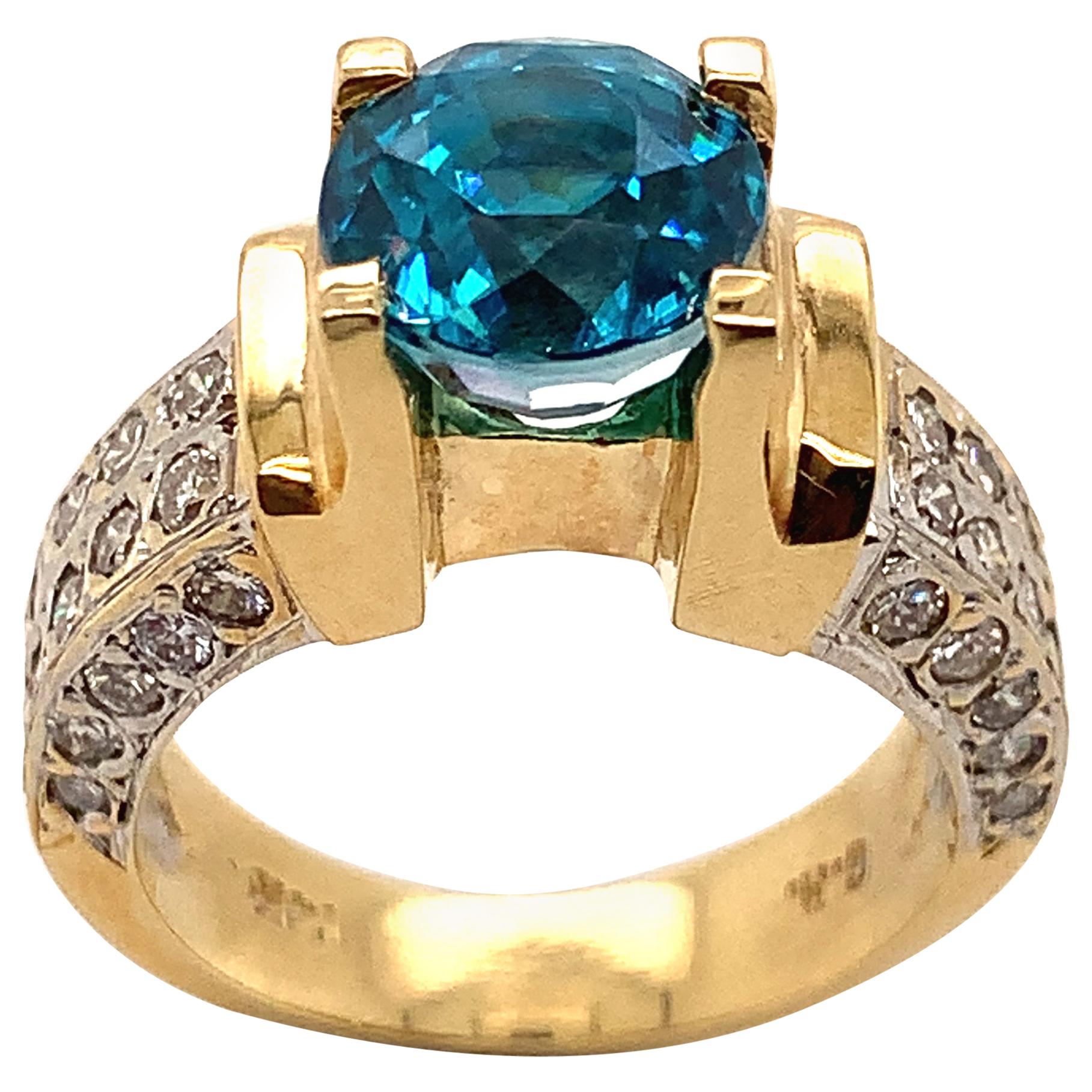 4.71 Carat Blue Zircon with Diamond Ring in 14 Karat Gold