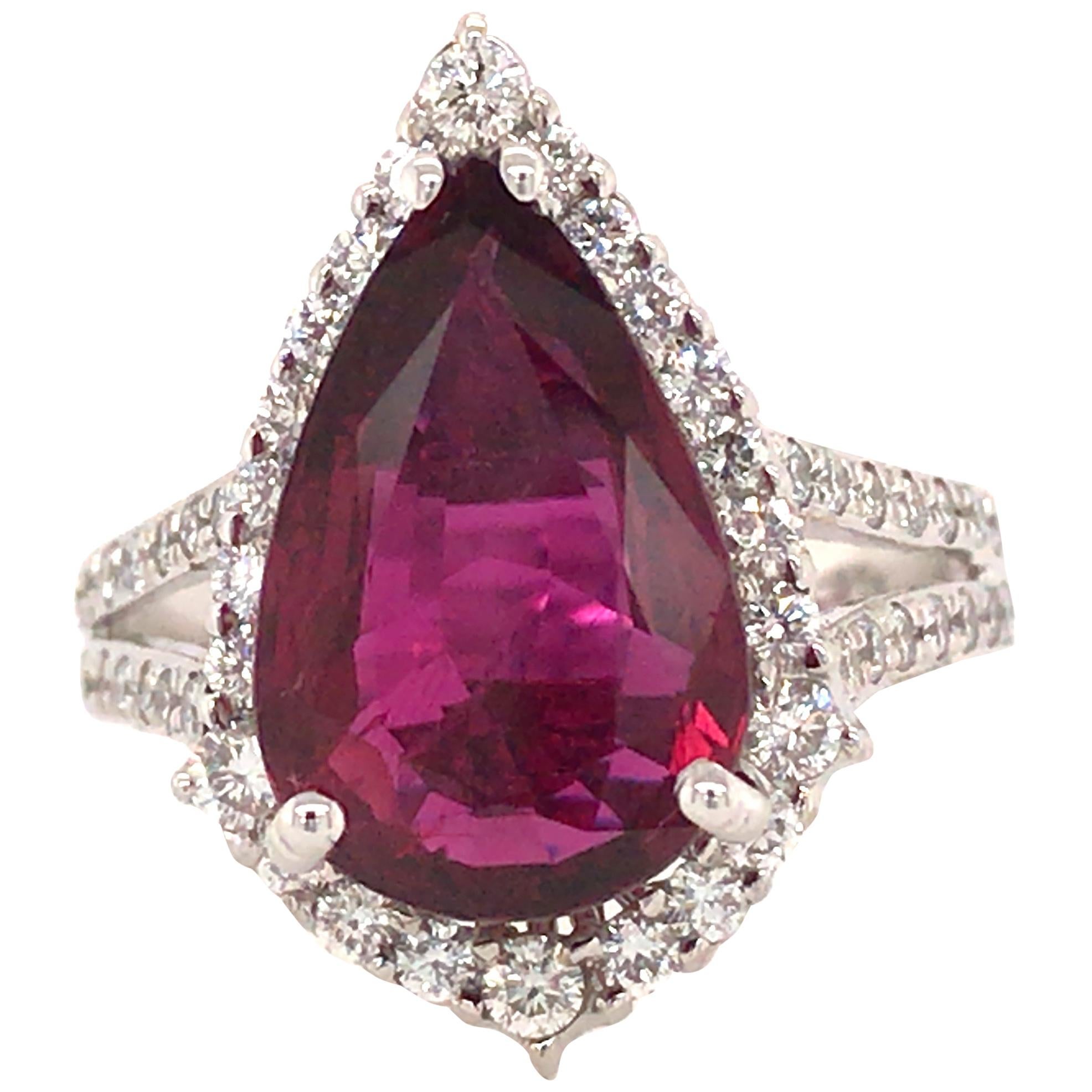 4.71 Carat Pear Shape Ruby and Diamond Halo Ring in 14 Karat White Gold For Sale