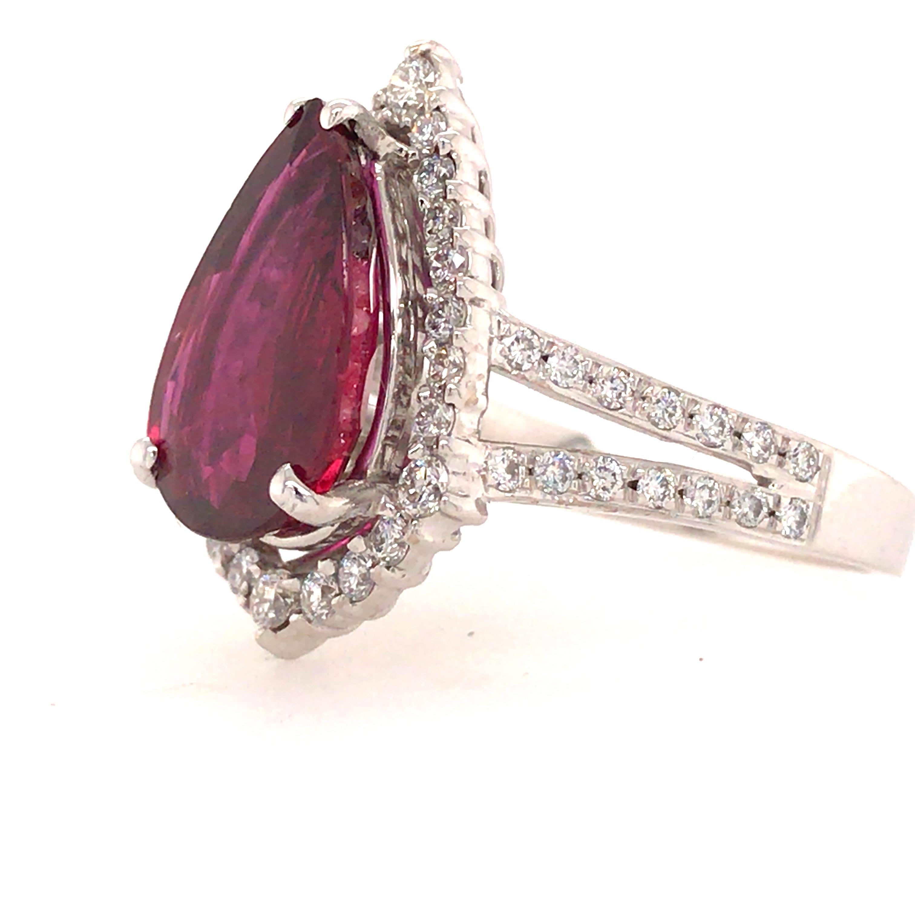 Women's 4.71 Carat Pear Shape Ruby and Diamond Halo Ring in 14 Karat White Gold For Sale