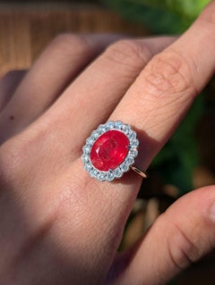 4.71 Carat Red Ruby Diamond Halo Oval Cluster Ring in Platinum Antique Style