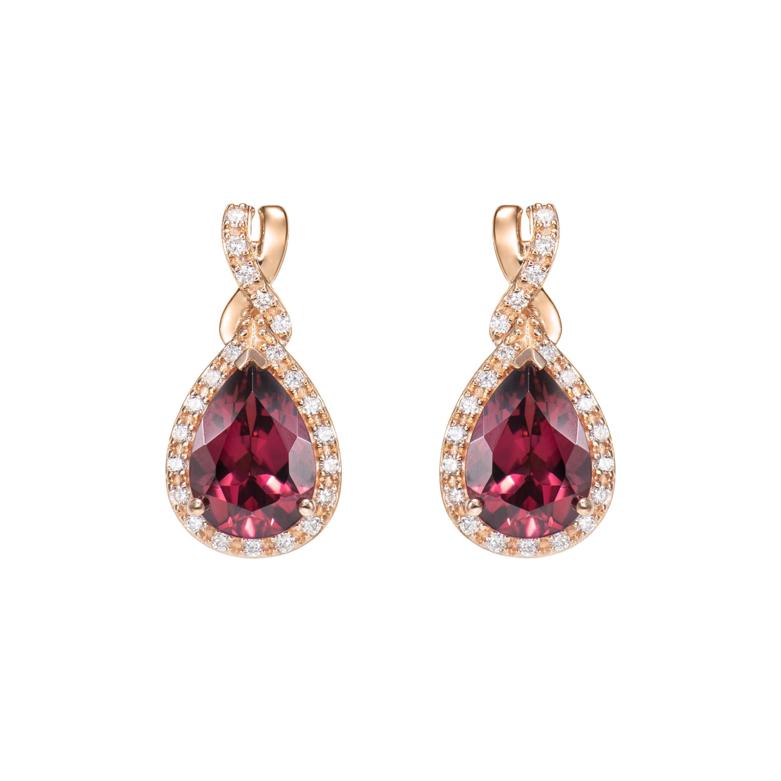 Contemporary 4.71 Carat Rhodolite Drop Earring in 18 Karat Rose Gold with White Diamond For Sale