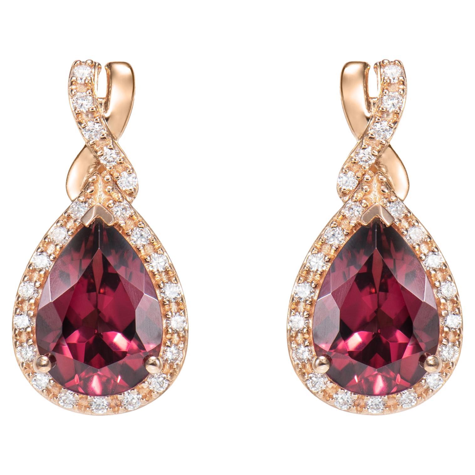 4.71 Carat Rhodolite Drop Earring in 18 Karat Rose Gold with White Diamond For Sale