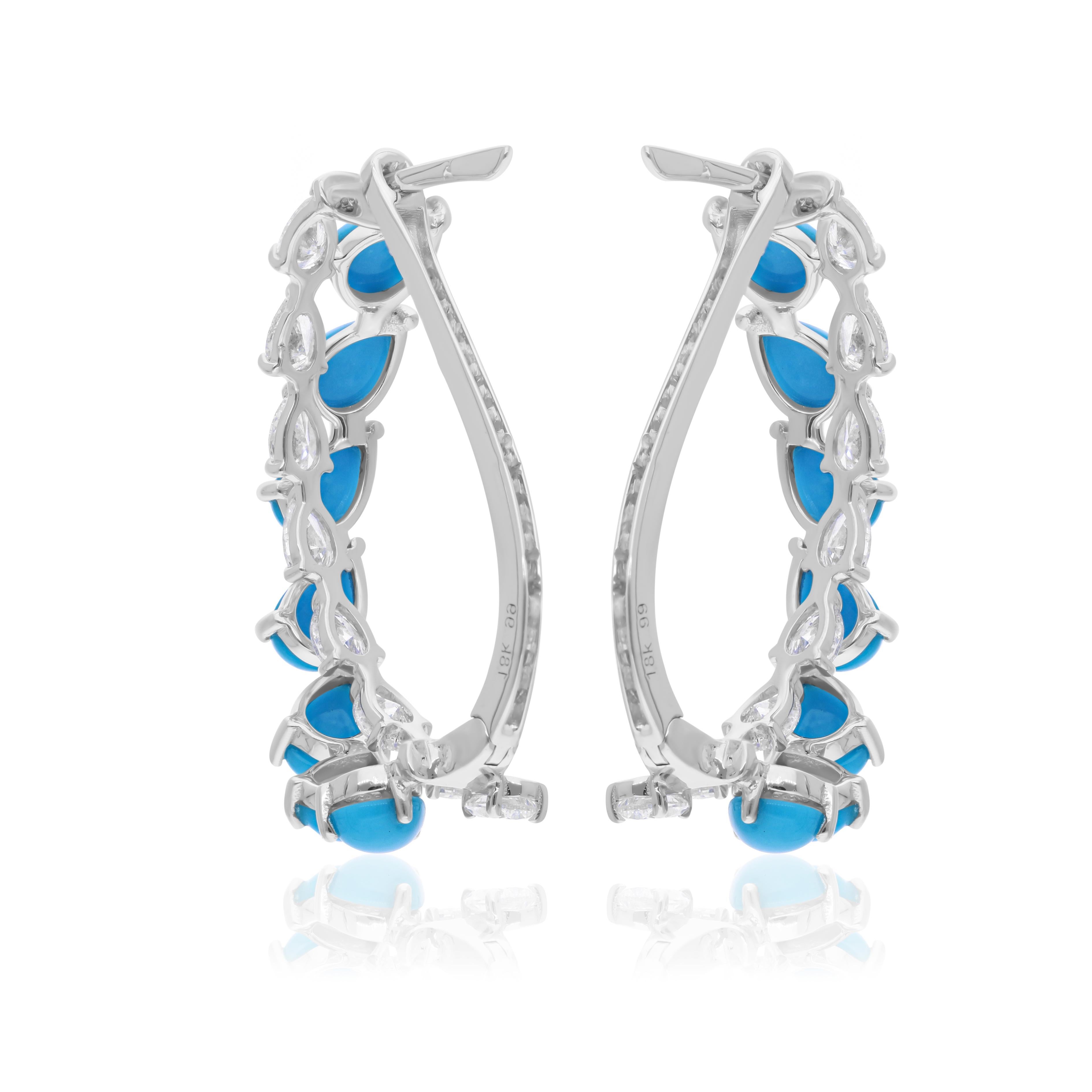 Créoles en or blanc 14 carats avec turquoise de 4,71 carats et diamants de 2,16 carats SI/H Neuf - En vente à Diera, Dubai