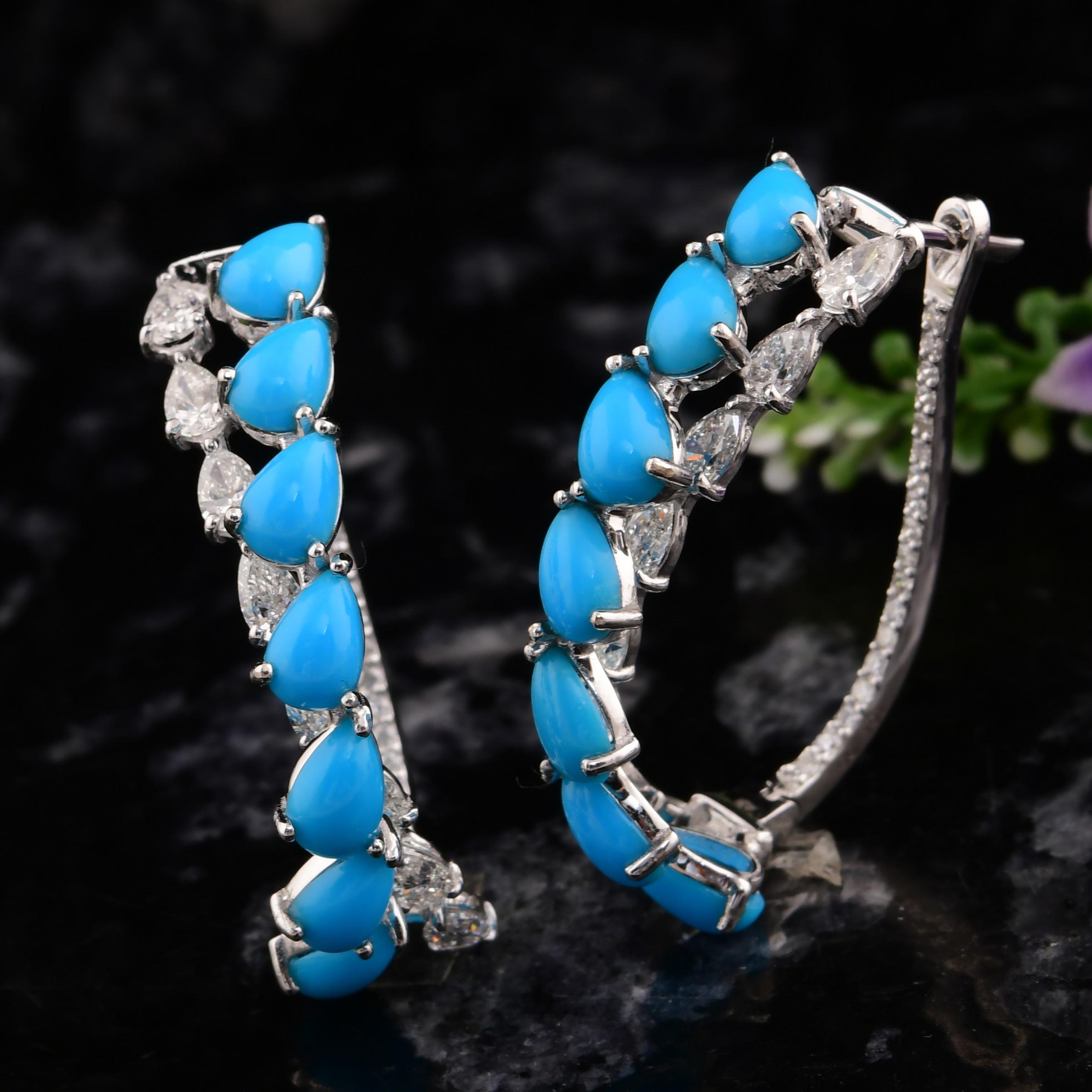 Modern 4.71 Carat Turquoise Hoop Earrings 2.16 Carat SI/H Diamond 18 Karat White Gold For Sale