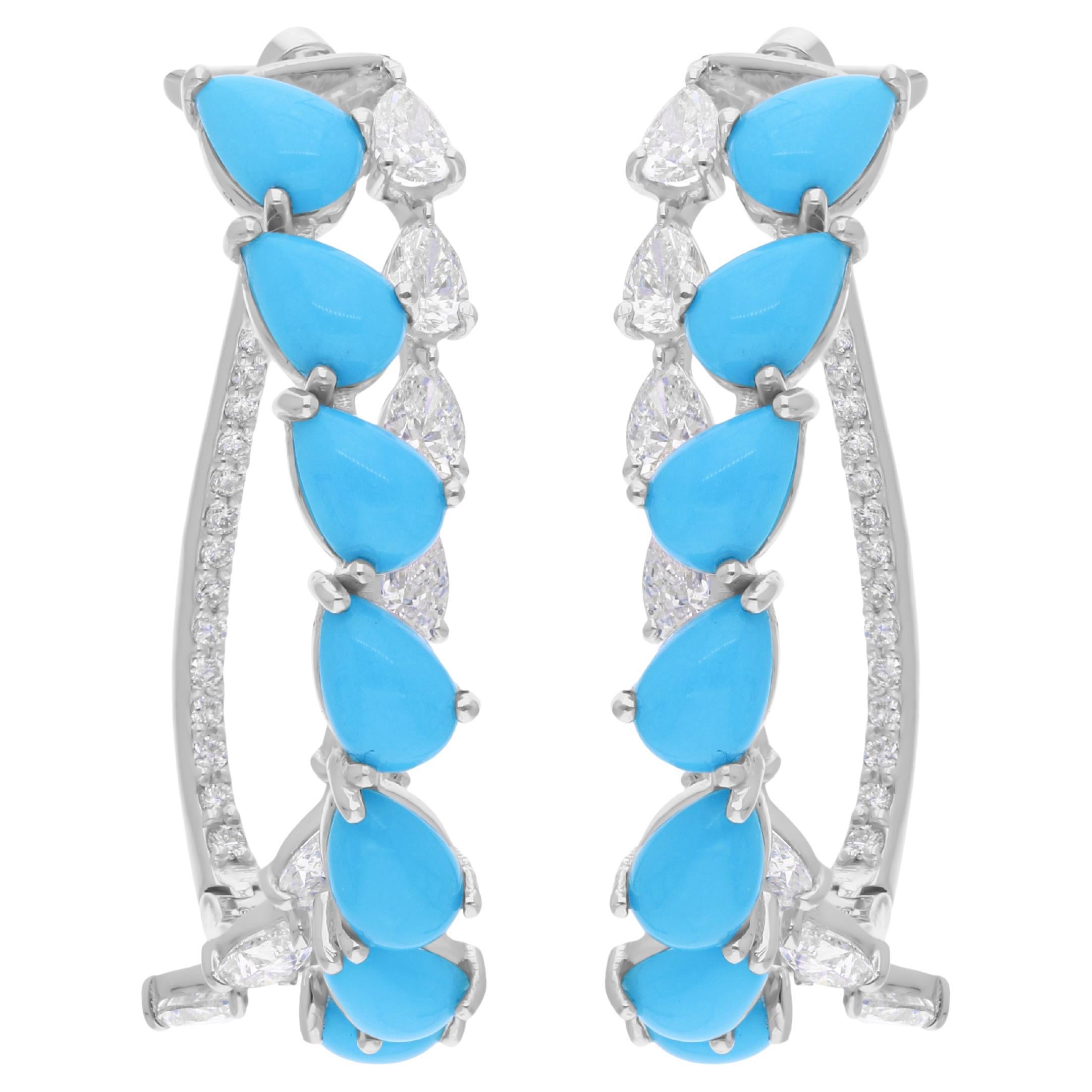 4.71 Carat Turquoise Hoop Earrings 2.16 Carat SI/H Diamond 18 Karat White Gold For Sale