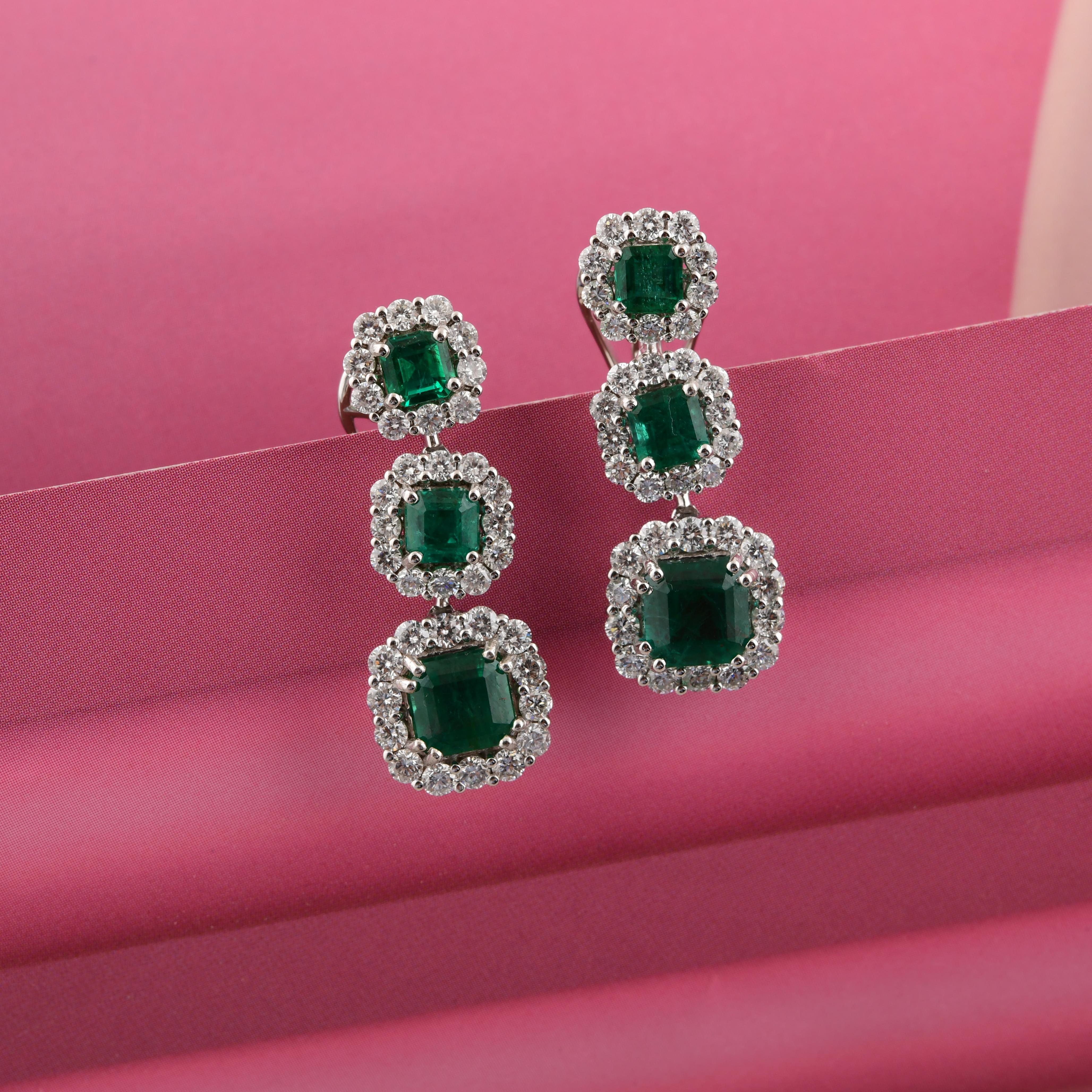 Octagon Cut 4.71 Carat Zambian Emerald 2.12 Carat SI/H Diamond Earrings 18 Karat White Gold For Sale