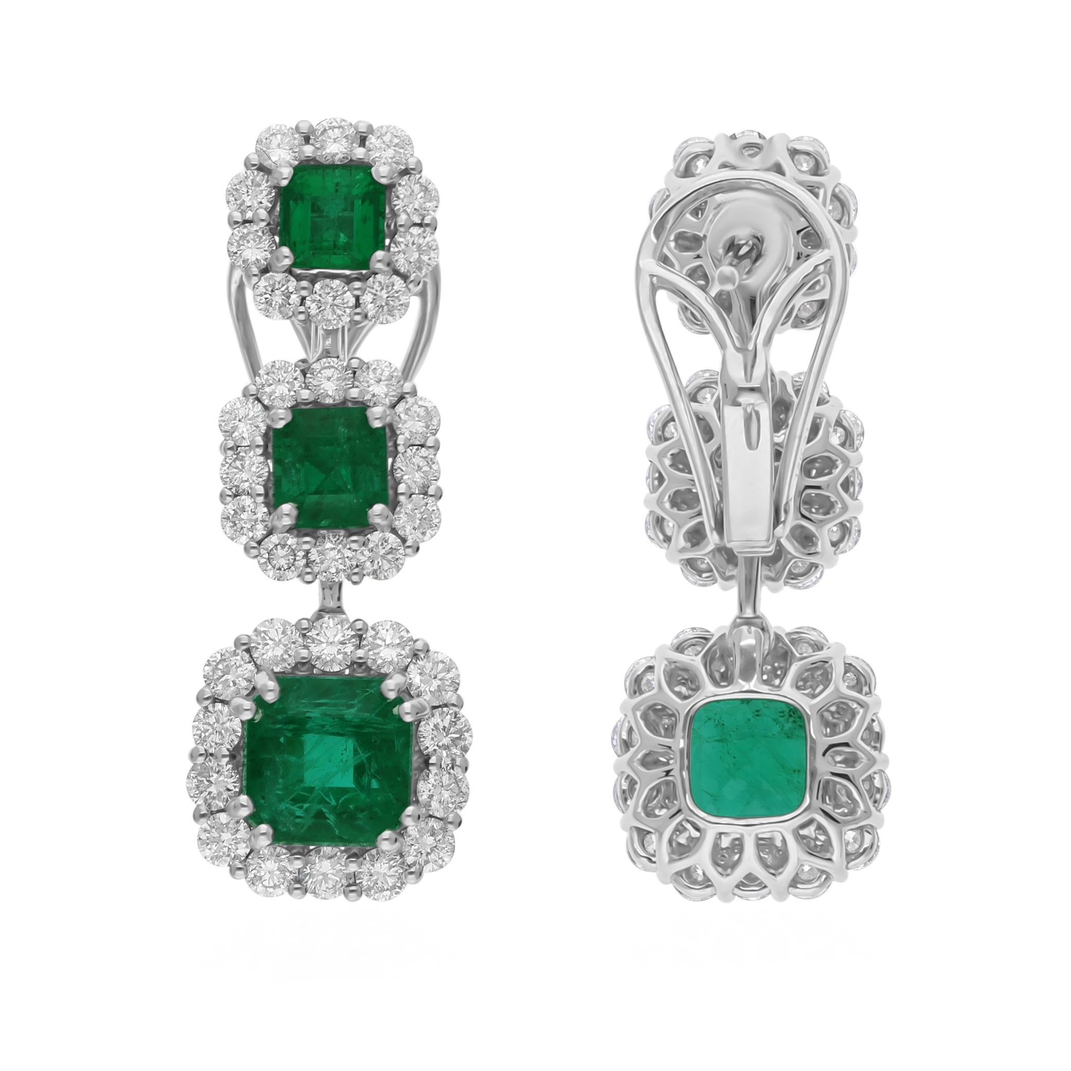 Women's 4.71 Carat Zambian Emerald 2.12 Carat SI/H Diamond Earrings 18 Karat White Gold For Sale