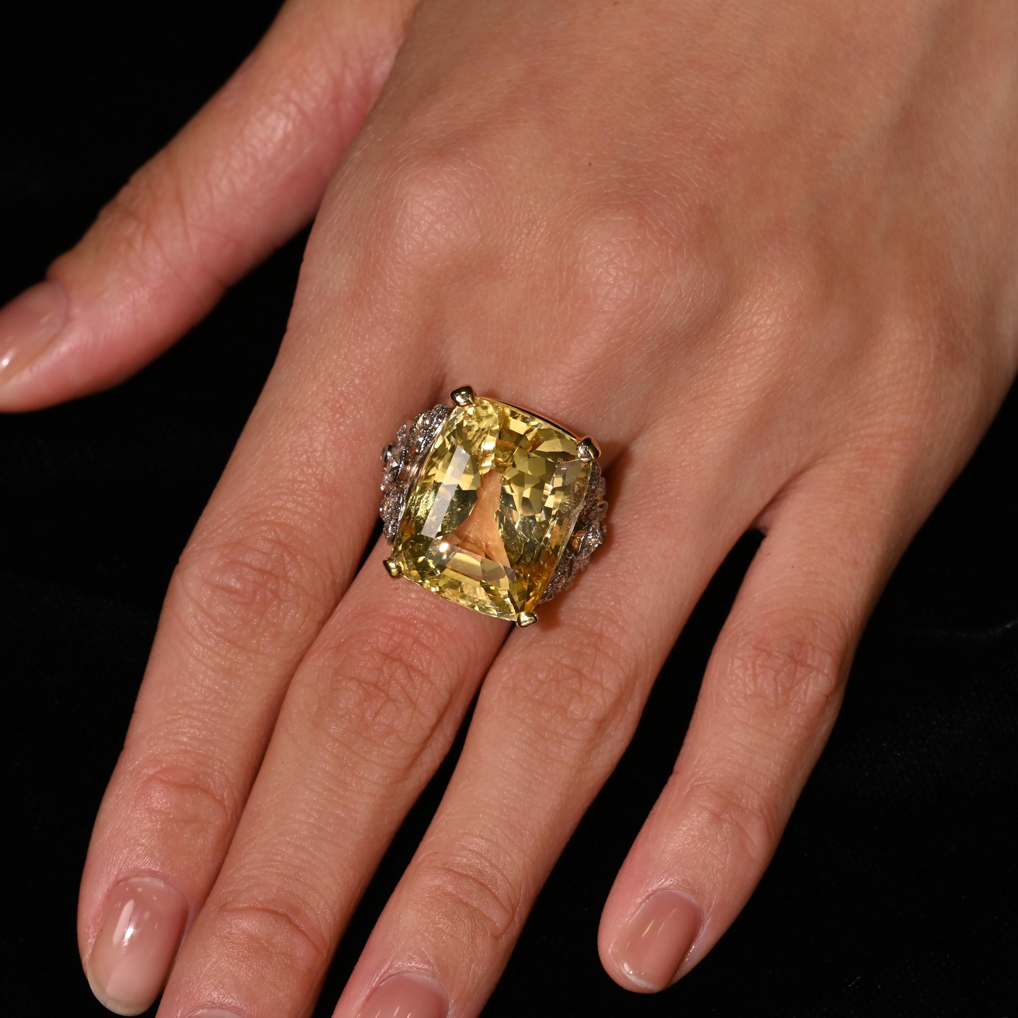 Retro 47.10 Carat No-Heat Yellow Sapphire & Old Euro Diamond Vintage Ring For Sale
