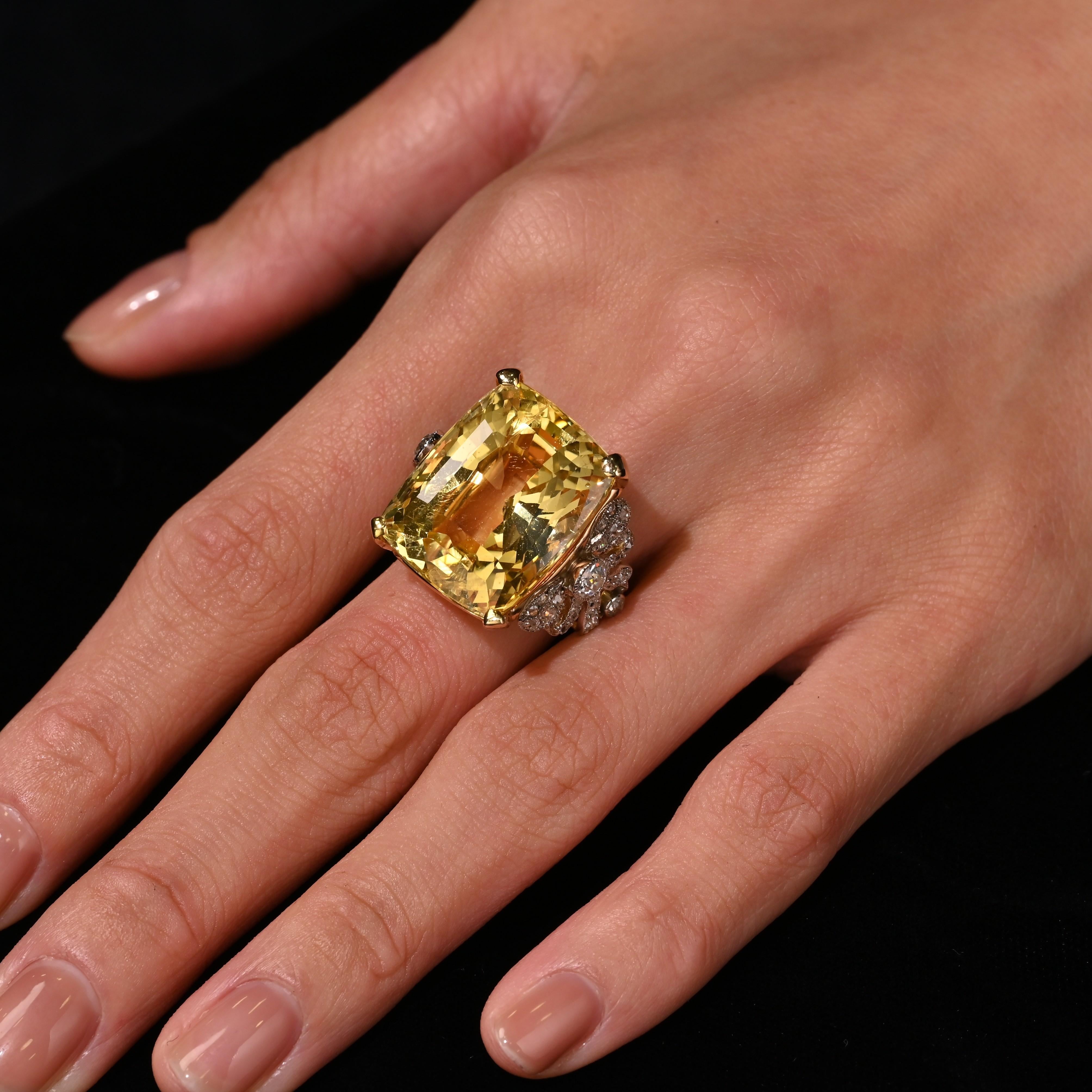 Cushion Cut 47.10 Carat No-Heat Yellow Sapphire & Old Euro Diamond Vintage Ring For Sale
