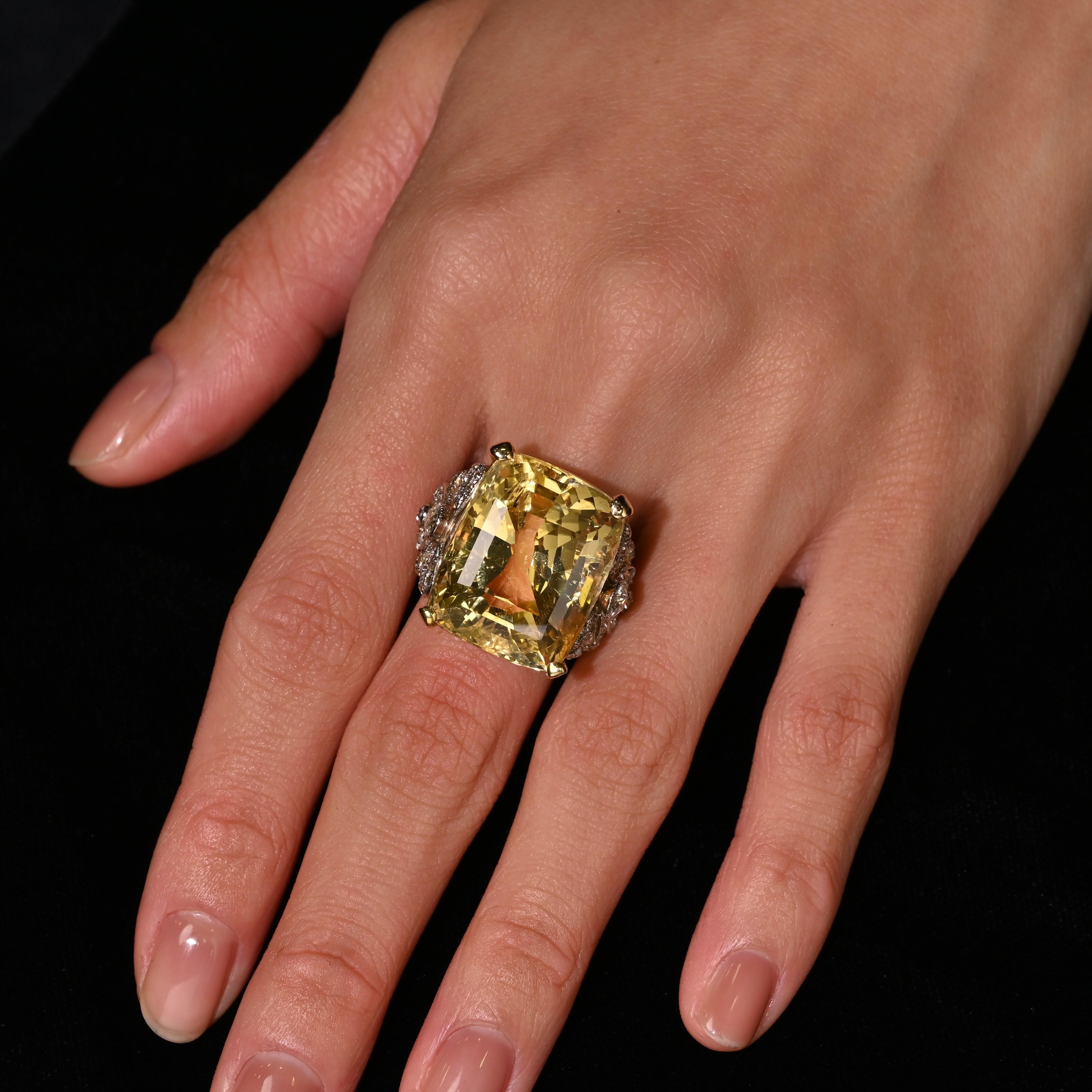 47.10 Carat No-Heat Yellow Sapphire & Old Euro Diamond Vintage Ring In Excellent Condition For Sale In Miami, FL