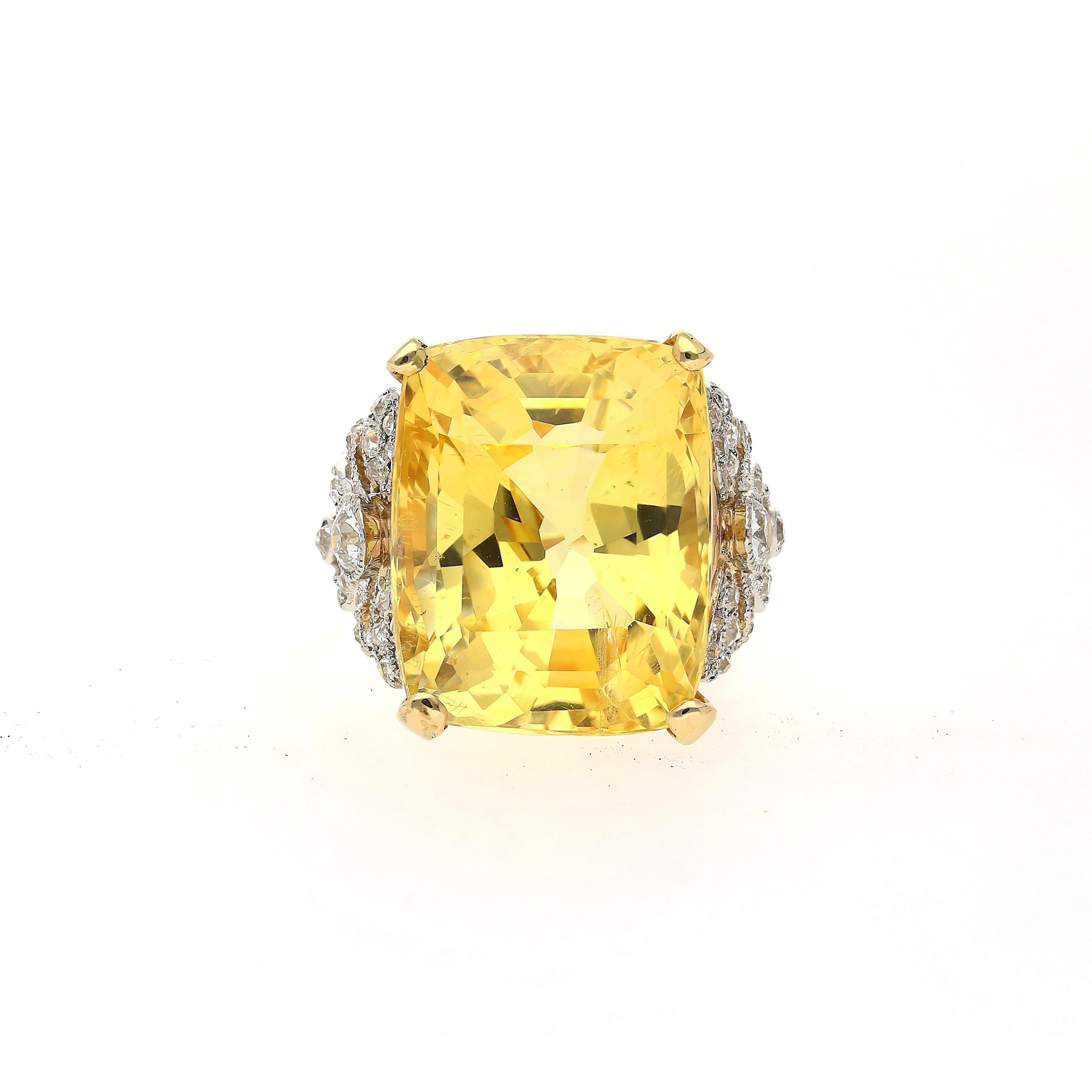 Women's 47.10 Carat No-Heat Yellow Sapphire & Old Euro Diamond Vintage Ring For Sale