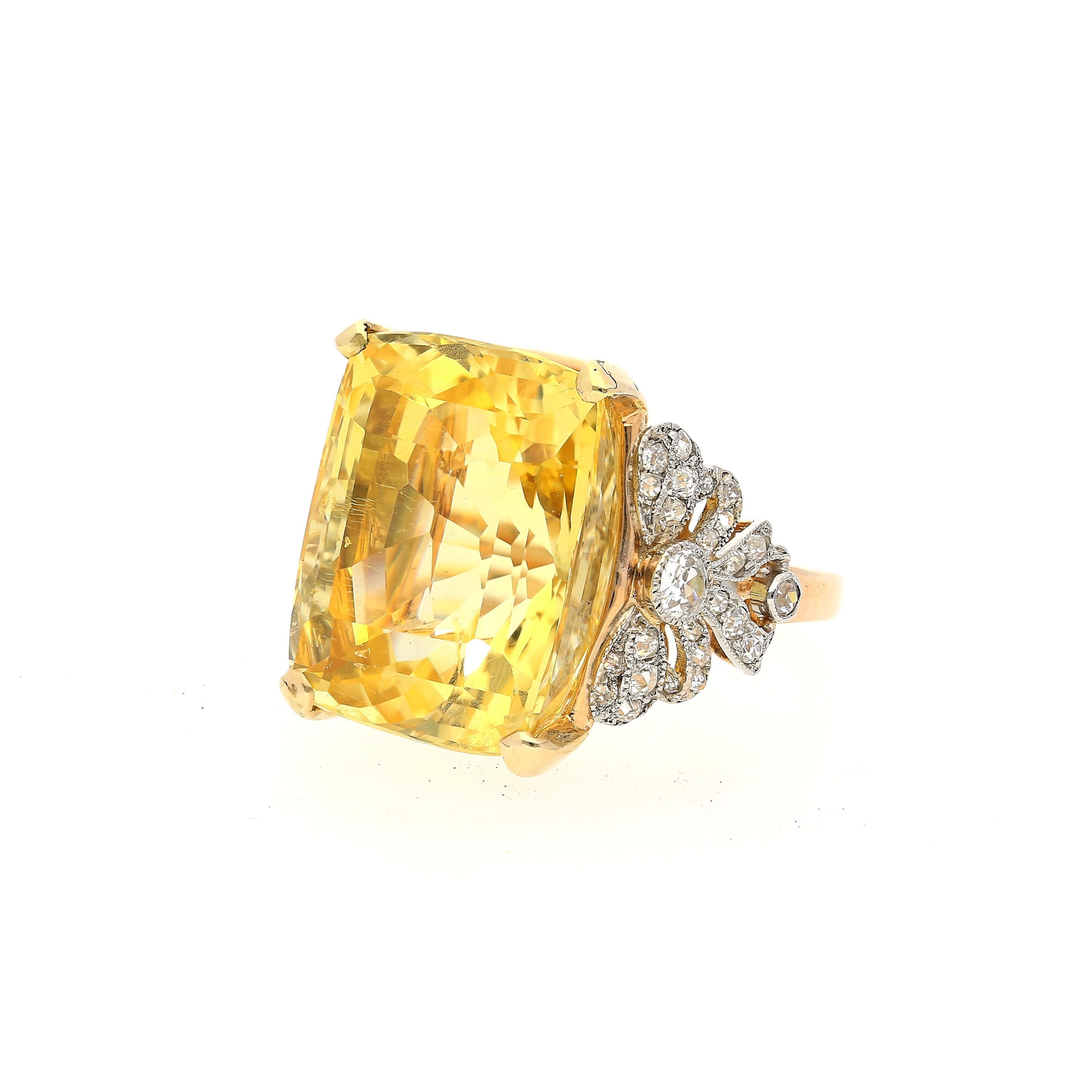 47.10 Carat No-Heat Yellow Sapphire & Old Euro Diamond Vintage Ring For Sale 1