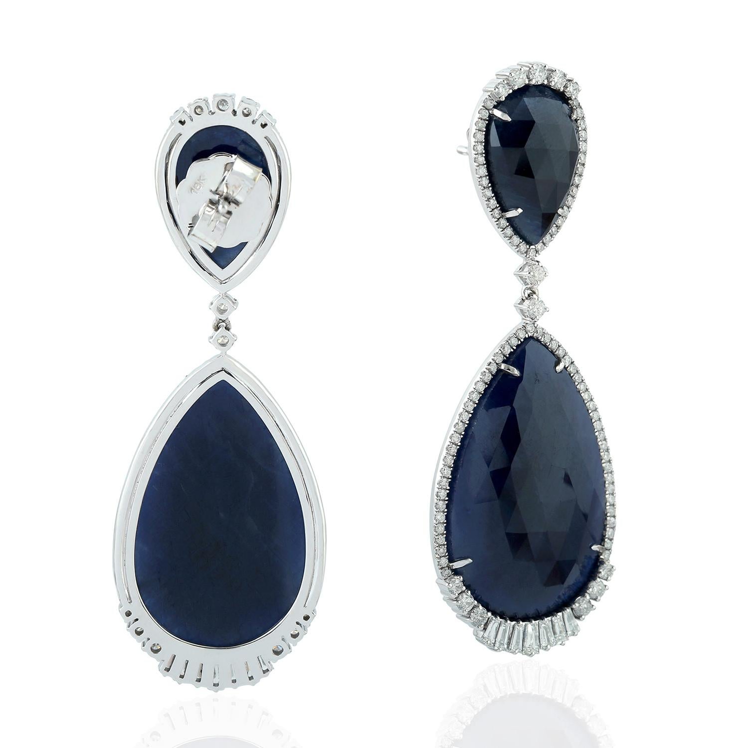 Contemporary 47.17 Carat Blue Sapphire Diamond 18 Karat Gold Earrings For Sale