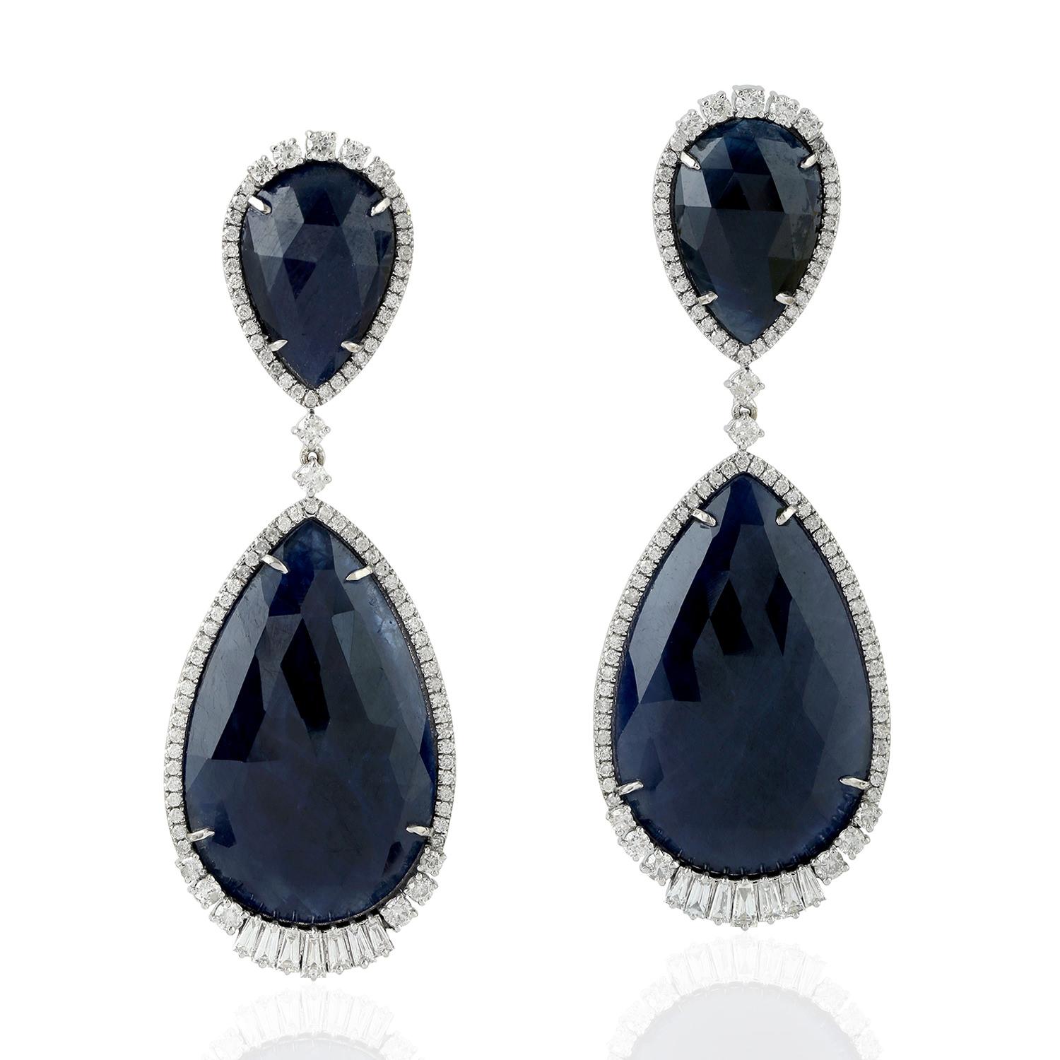 Rose Cut 47.17 Carat Blue Sapphire Diamond 18 Karat Gold Earrings For Sale