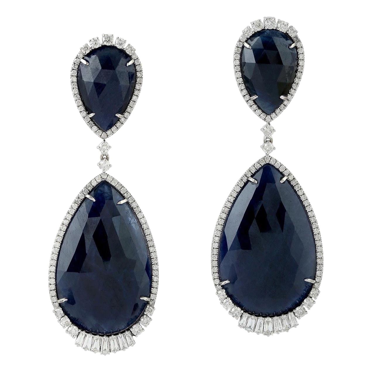47.17 Carat Blue Sapphire Diamond 18 Karat Gold Earrings For Sale