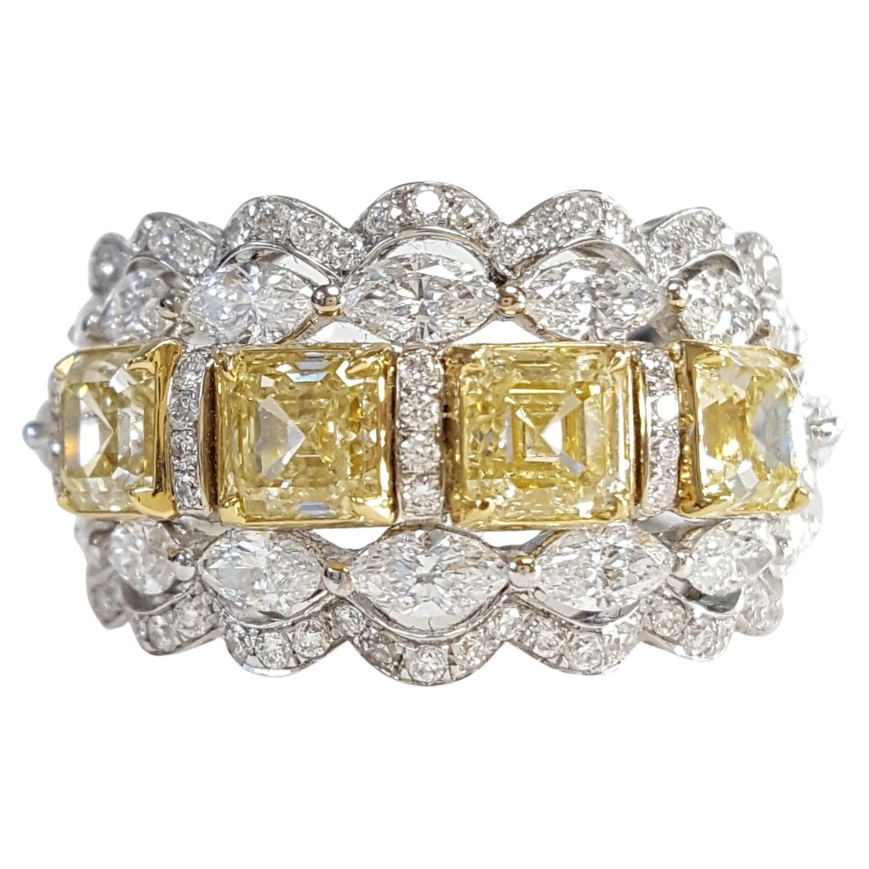 Contemporary 4.72 Asscher Cut Yellow & White Diamond Eternity Band Set in 18K White Gold. For Sale