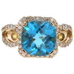 4.72 Carat Blue Topaz Sapphire Diamond Yellow Gold Cocktail Ring