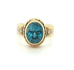 4.72 Carat Blue Zircon and Diamond Hand-Engraved Band Ring in 18k Yellow Gold