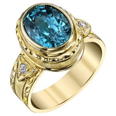 4.72 Carat Blue Zircon and Diamond Hand-Engraved Band Ring in 18k Yellow Gold
