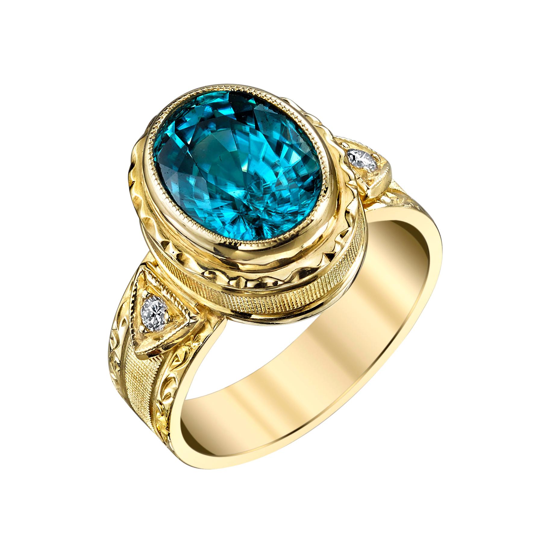 4.72 Carat Blue Zircon and Diamond Hand-Engraved Band Ring in 18k Yellow Gold  