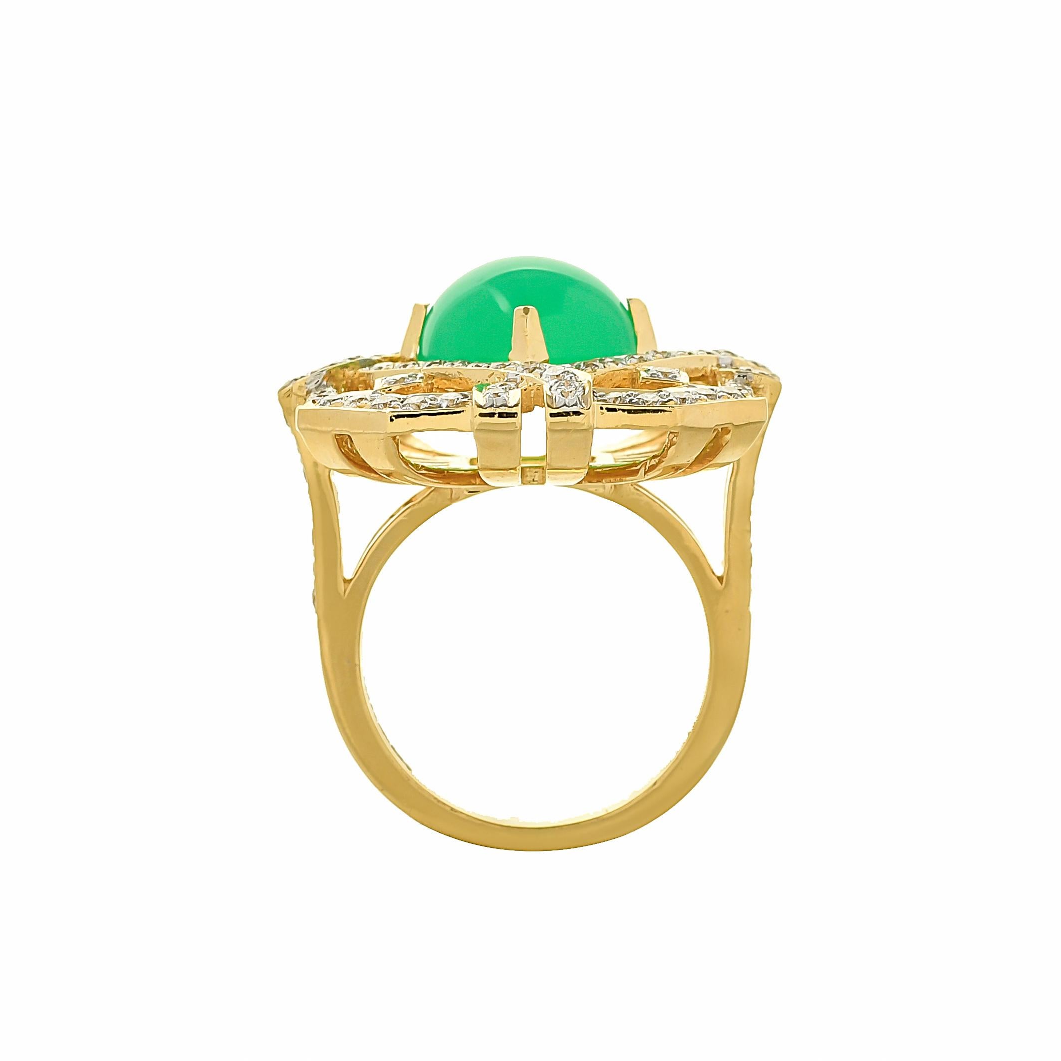 Crafted to astound, accentuate your look with this mesmerizing ring studded with striking Australian Chrysoprase weighing approximately 4.72 carats within a double frame of round diamonds designed with bifurcated shoulders set with round diamonds