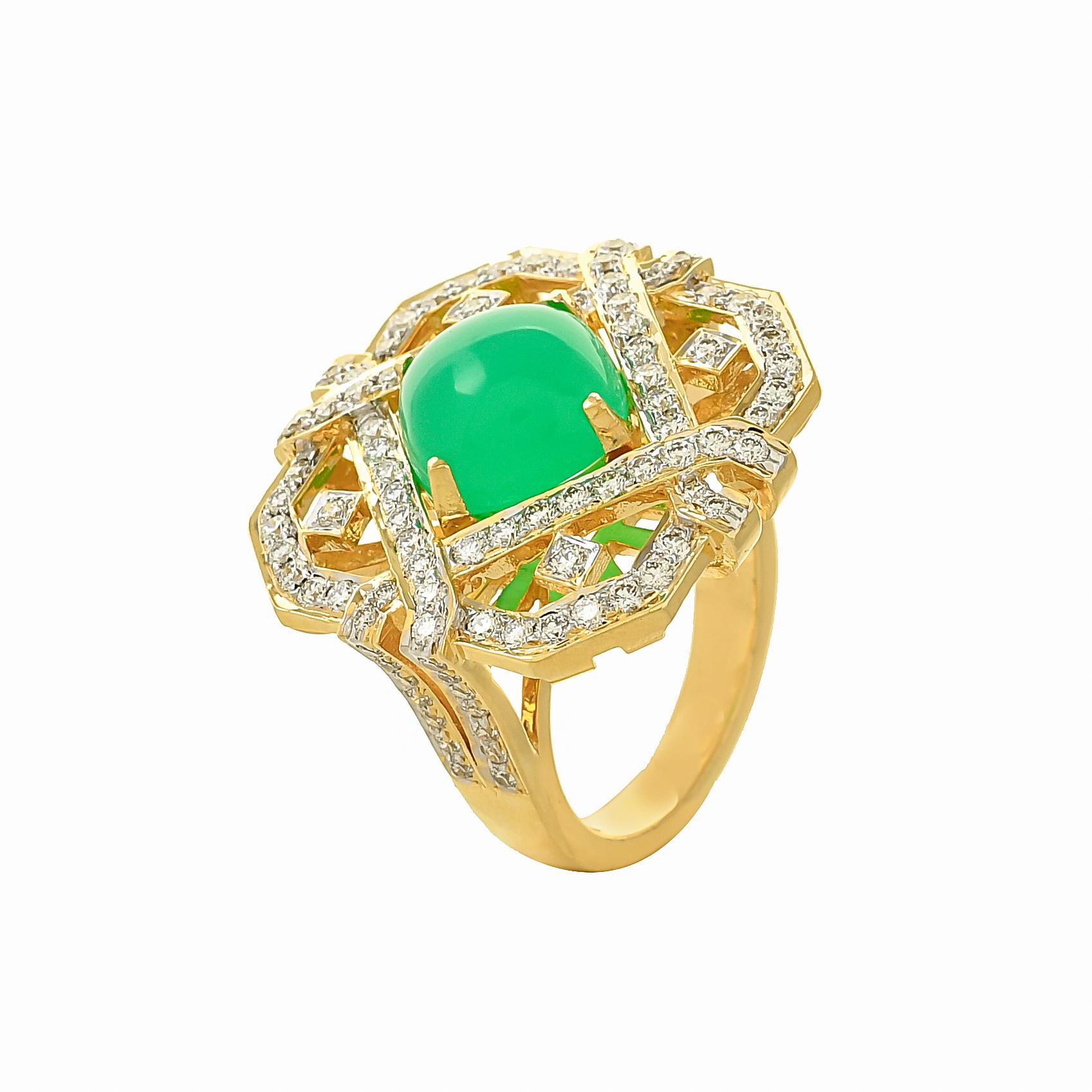 Cabochon 4.72 Carat Chrysoprase and Diamond 18 Karat Yellow Gold Ring For Sale