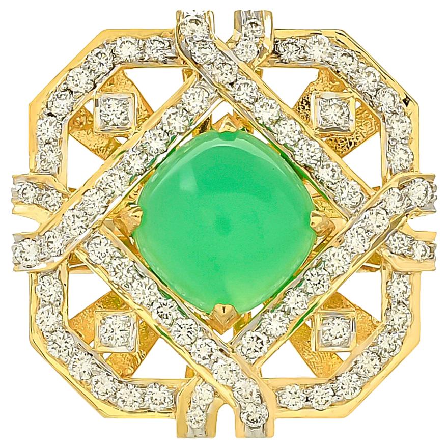 4.72 Carat Chrysoprase and Diamond 18 Karat Yellow Gold Ring For Sale